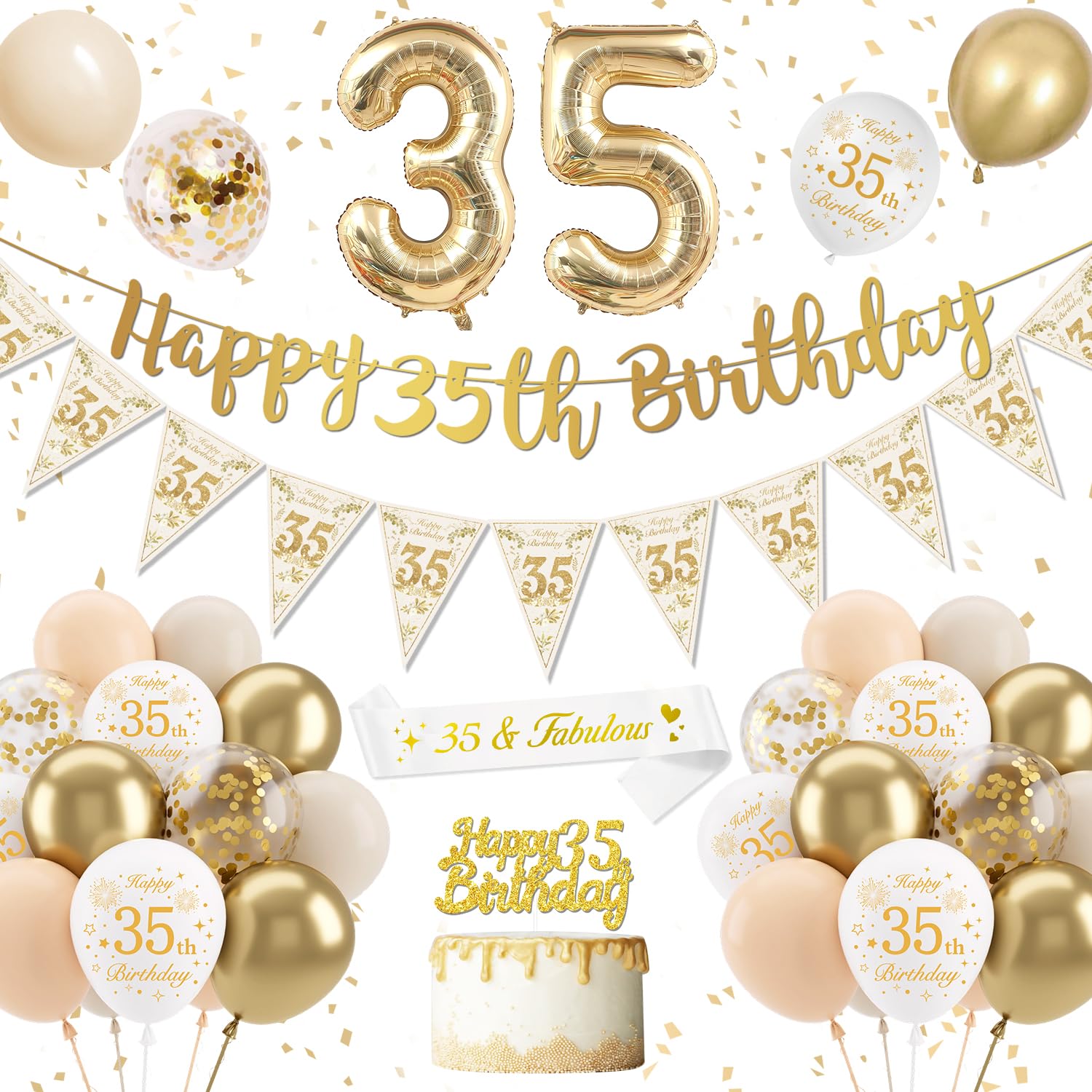 35th Birthday Decoration for Women Men, Gold White Birthday Balloons
