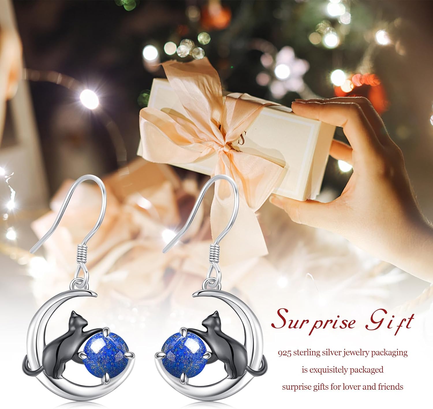 Cat Earrings 925 Sterling Silver Animal Black Cat Earrings with Moss Agate Cat Jewelry Gifts for Women Cat Lovers - Image 7