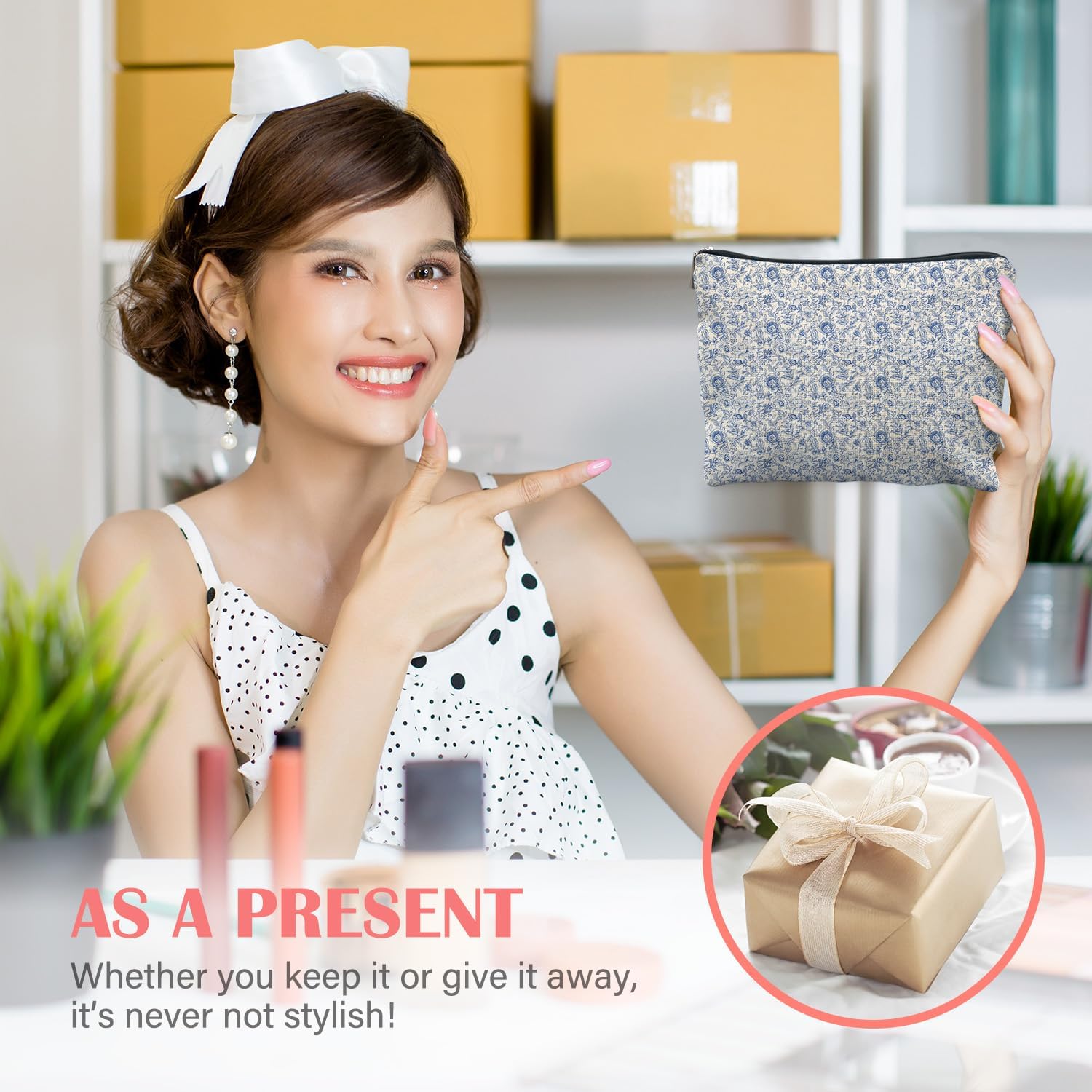 Vintage Blue Chinoiserie Floral Makeup Bag for Women, Toile de Jouy French Country Flower Cosmetic Bag for Purse, Blue and White Cottagecore Botanical Makeup Zipper Pouch - Image 6