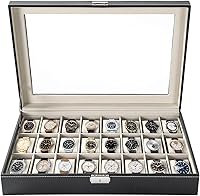 FL 24 Slot PU Leather Watch Box Display Case with Glass Top & Removable Velvet Pillows - Organizer for Watches Jewelry Men Women