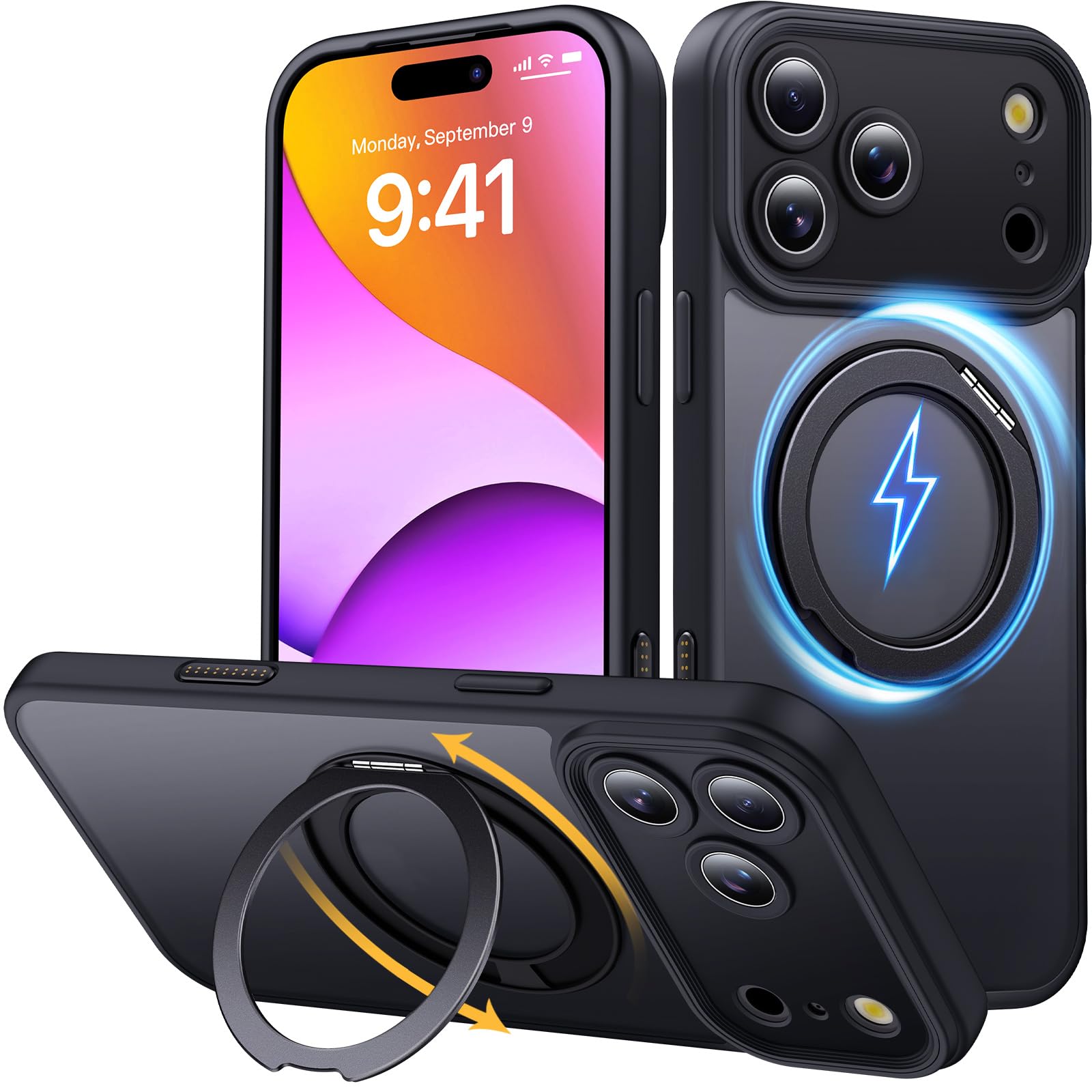 Holidi いPhone 17 Pro Max ケース MagSafe向け カメラコントロール マット感 360°回転スタンド マグネット搭載 米軍MIL規格 全面保護 ワイヤレス充電 黄変なし 17 promax ケース Magsimpl-Series 半透明ブラック