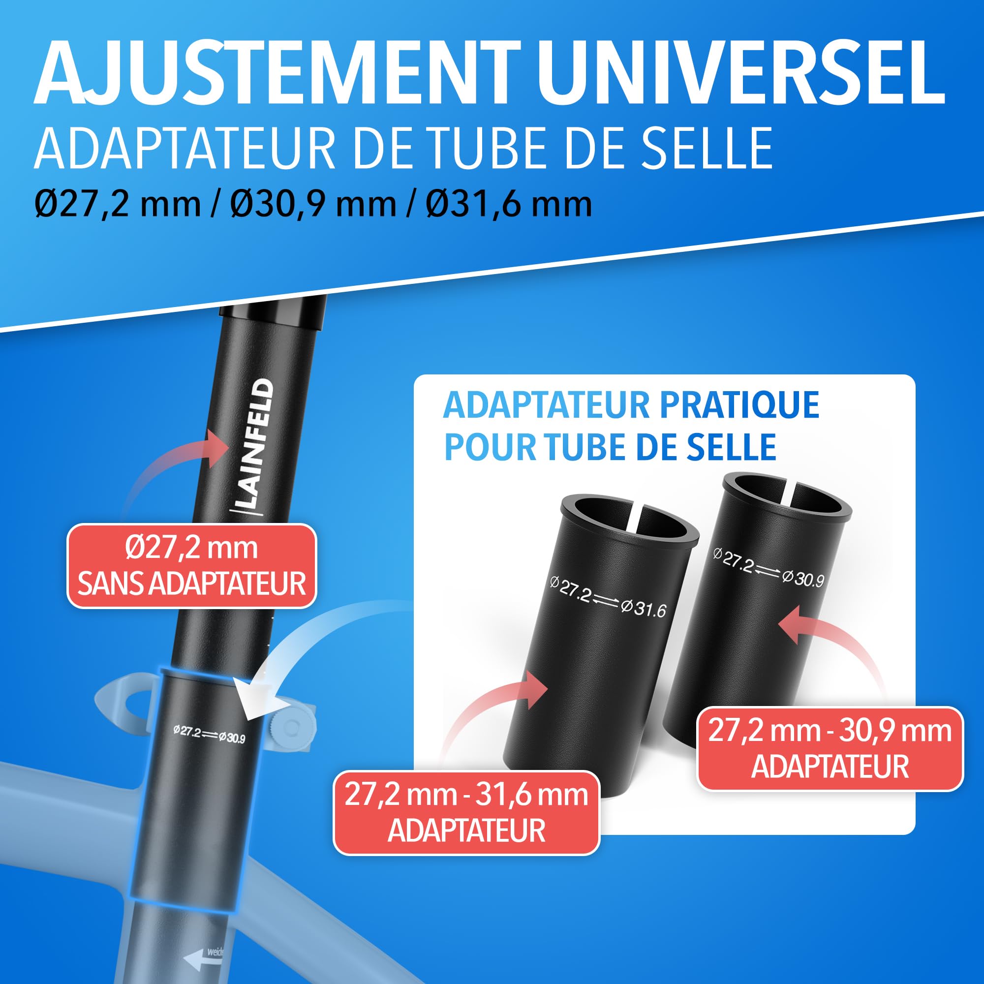 Tige de Selle Suspendue LAINFELD | Outils Inclus | 27,2 mm, 30,9 mm ou 31,6 mm | Tige de Selle Suspendue réglable VTT vélo électrique Femme Homme