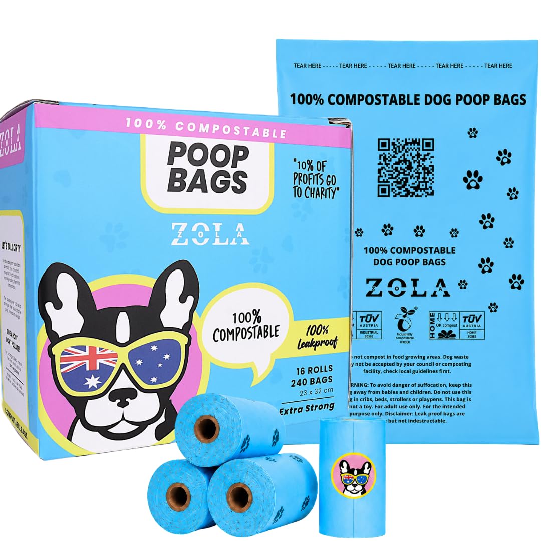 Zola Zola Blue Compostable Dog Poo Bags – 240 Extra Strong Leak Proof Dog Waste Bags, Eco Friendly Unscented Poop Bag Rolls For Dogs, Flat Top Refill Bags For Dispensers