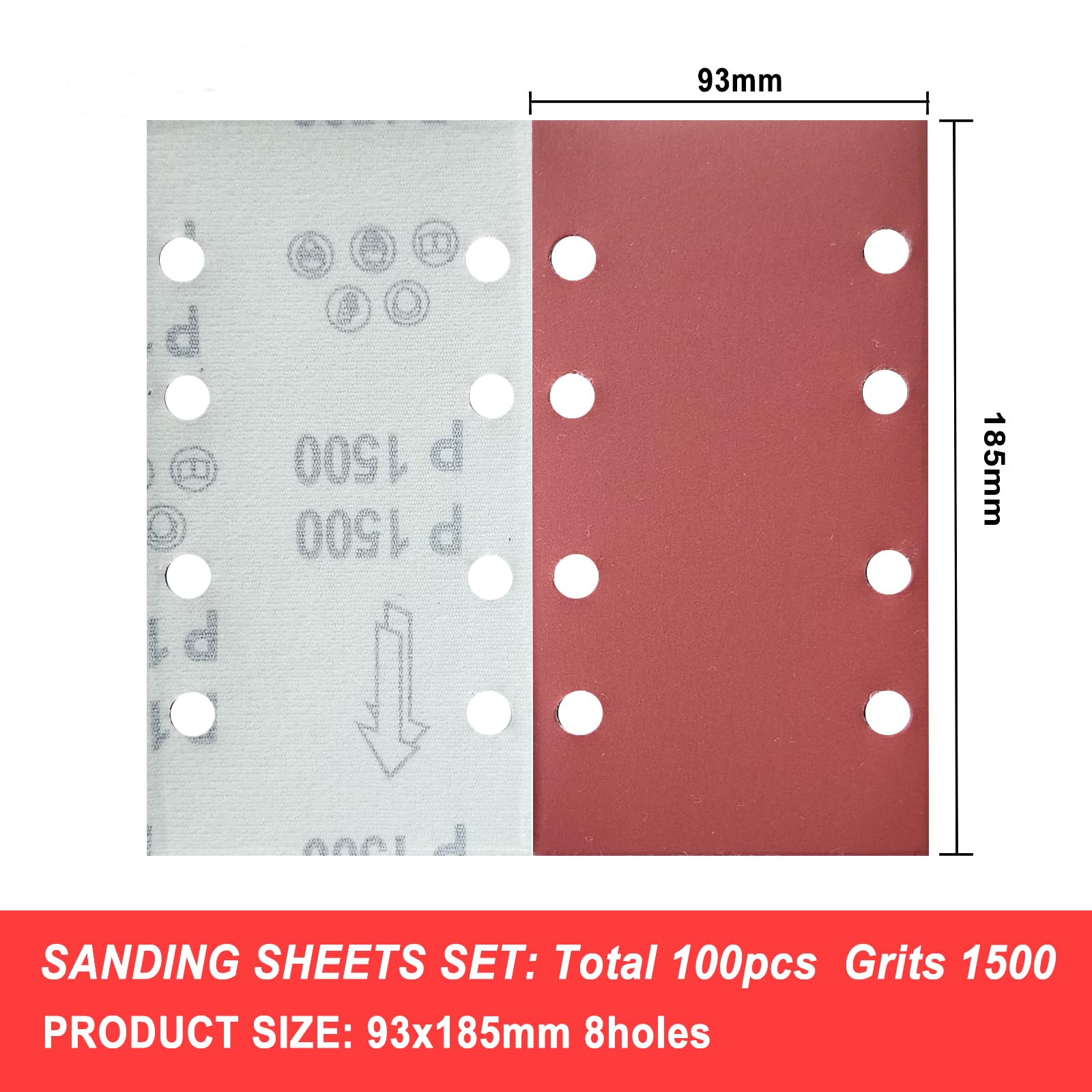 Wanmutrun Rectangular Detail Sandpaper 100Pcs Sander Pads 93x185MM Grit 1500 8Hole Sanding Sheets for Electric Sander Hook and Loop Sanding Pads - Image 2