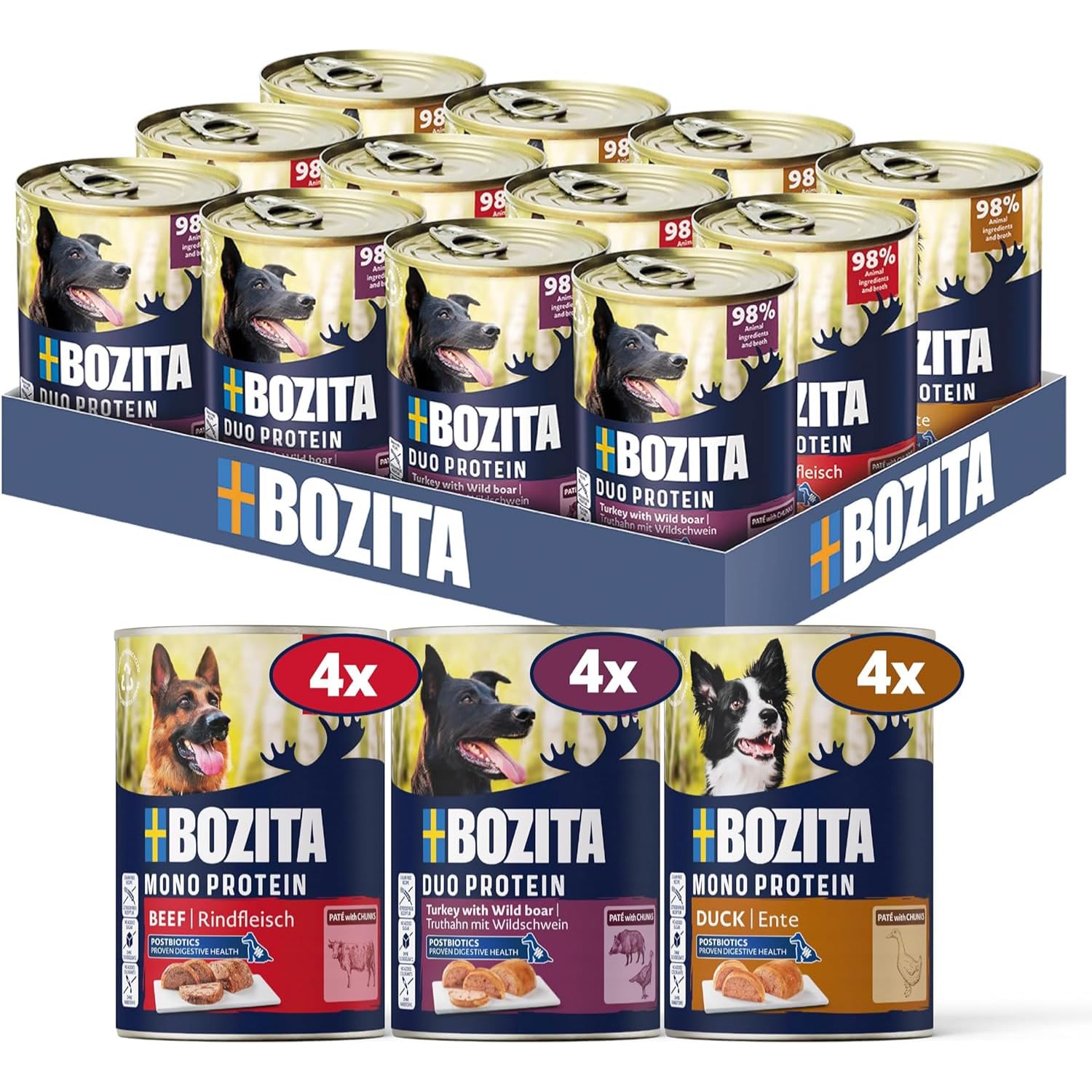 Bozita Dog Paté Mix Rind, Ente, Pute & Wildschwein 12×400 g – getreidefreies Nassfutter für Hunde mit Postbiotika – Singleprotein Pastete - Mixpack ohne Zuckerzusatz & künstliche Zusatzstoffe