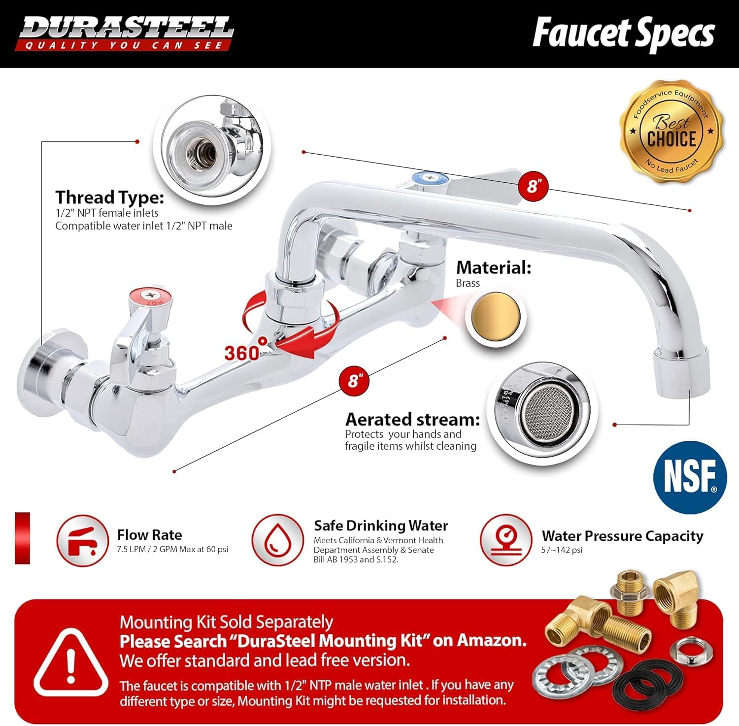 DuraSteel Commercial Sink Faucet - NSF No Lead 8” Center Commercial Wall Mount Faucet Kitchen with 8 Inch Swivel Spout - Lever Handle - Industrial Restaurant Kitchen Utility Prep Sink Mounted Faucets
