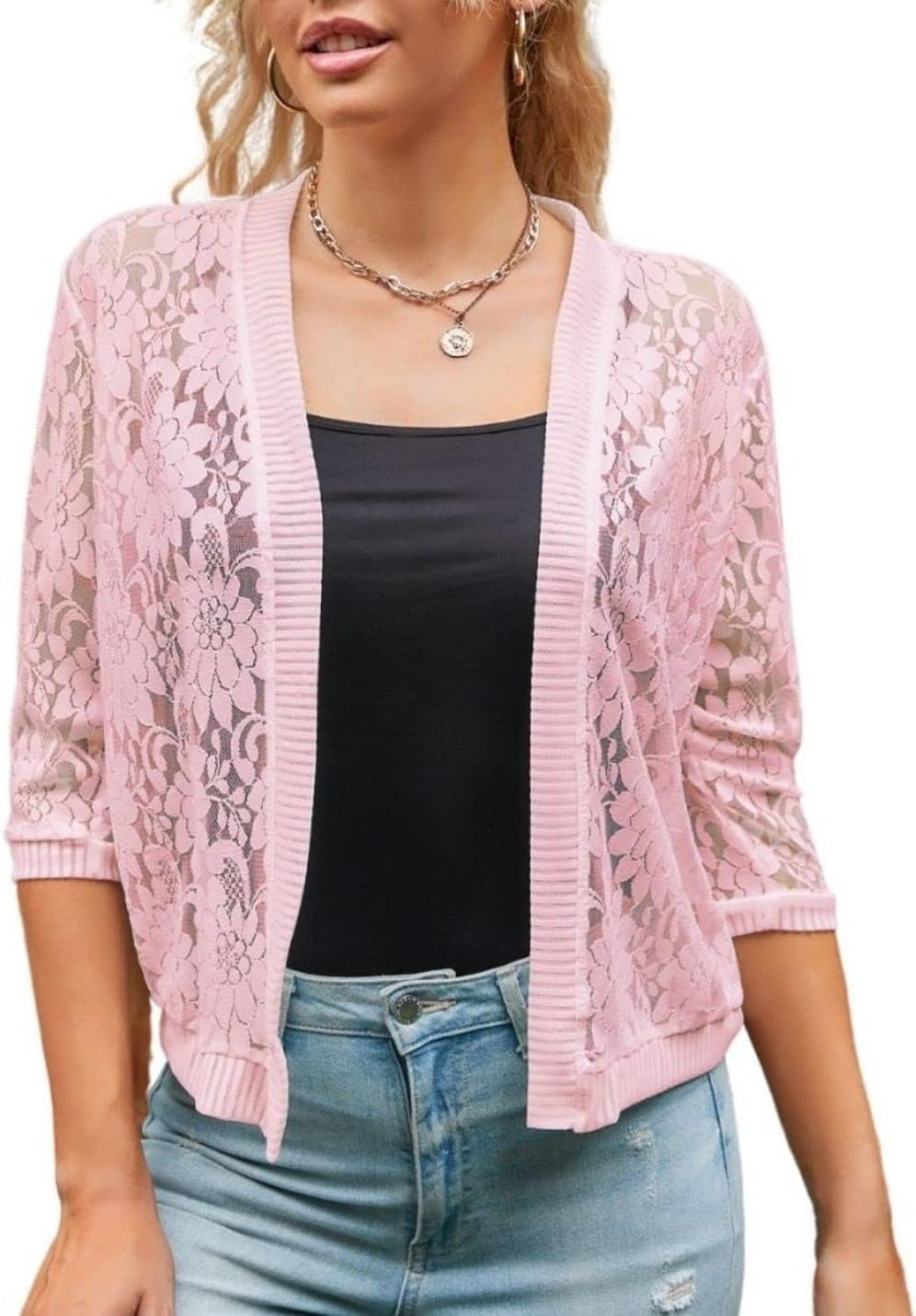 Xunger Women’s 3/4 Sleeve Lace Cardigan Casual Open Front Floral Lace Shrug Summer Cover Up