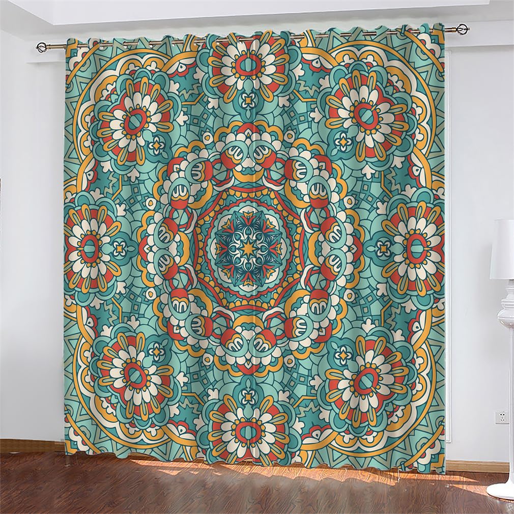 Tomifine Bohemian Floral Blackout Curtains, Bohemian Flower Print Decor Abstract Pattern Curtain Bedroom Living Room Balcony Panels (46" W (117cm) x 72" D (183cm) x 2,Green Orange)