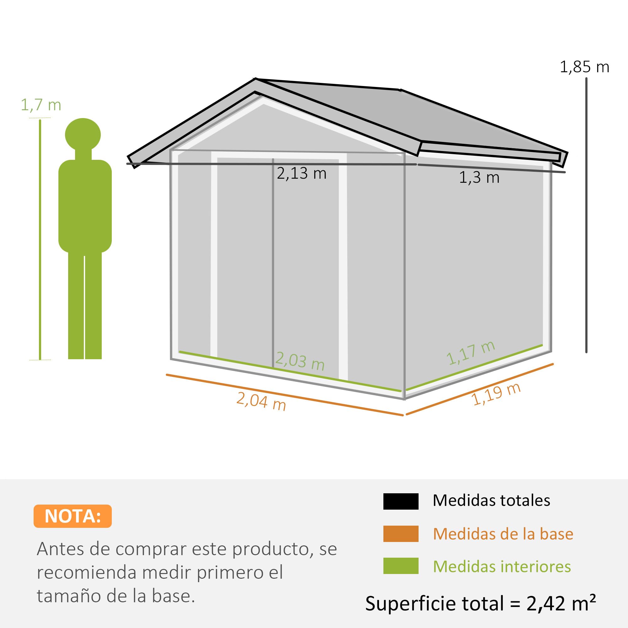 Outsunny Caseta de Jardín Exterior, 2,5 m² 213x130x185 cm, Cobertizo de Jardín Exterior Metálico con 2 Puertas Correderas, Base Refuerzo (Suelo NO Incluido) y 4 Ventanas, Verde Oscuro — view 7