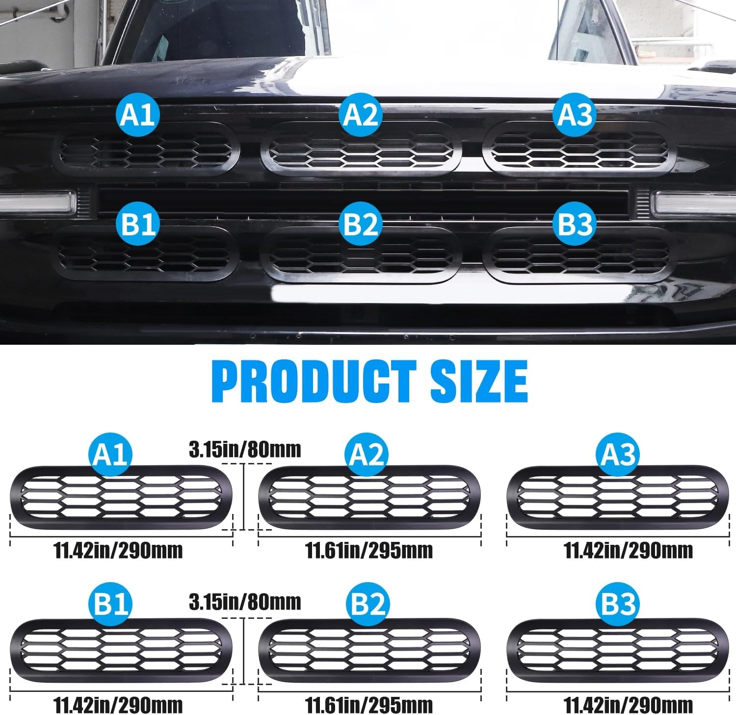 Front Grill Mesh Grille Inserts Cover Frame, Front Bumper Inserts Grill Guard Clip-on Decoration Accessories for Ford Bronco Offroad 2/4 Door 2021 2022 2023 2024 2025 (Black)