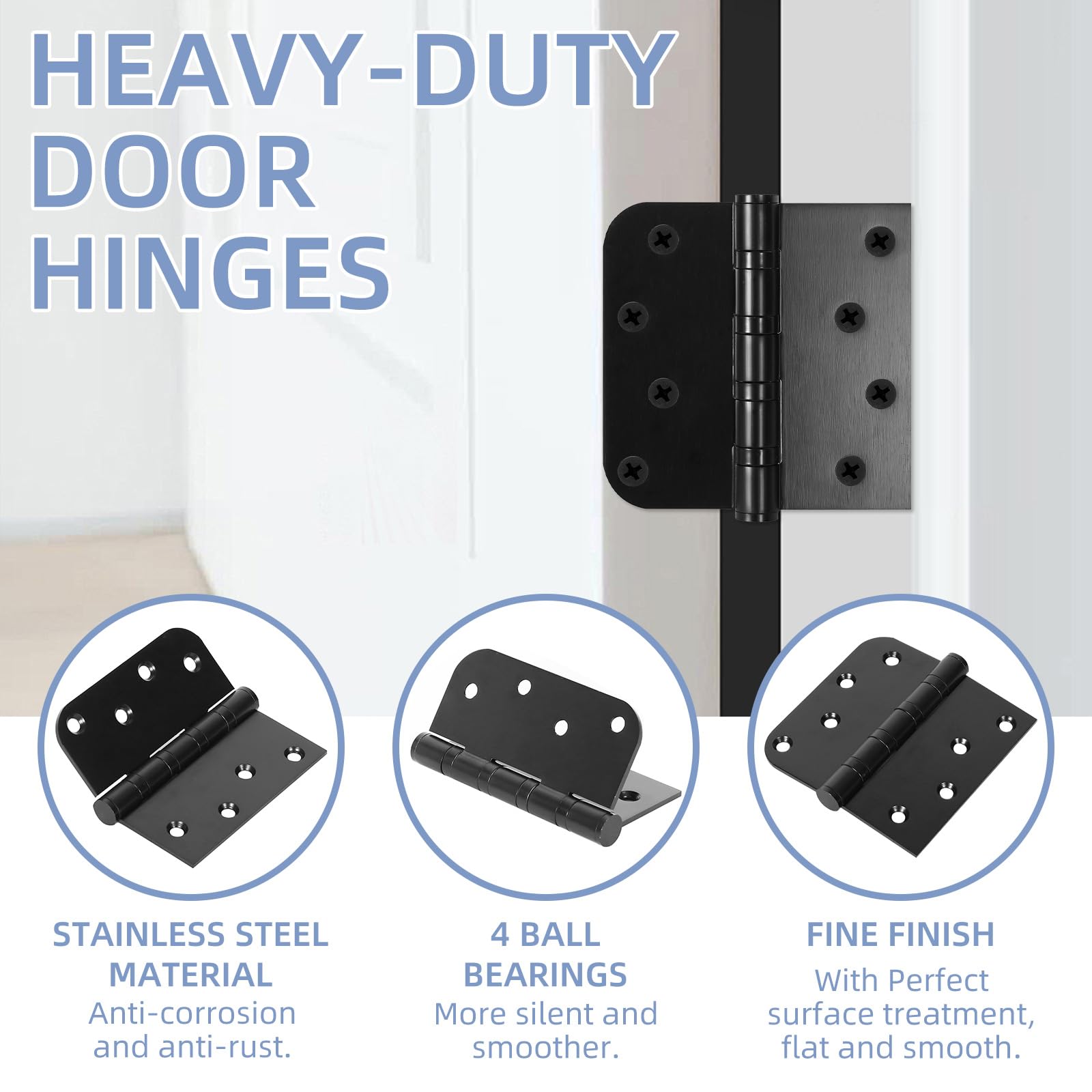 Paquete de 6 bisagras de puerta color negro mate, bisagras de puerta de 4 x 4 pulgadas, bisagras de acero inoxidable resistentes con tornillos para puertas exteriores e interiores, cuadradas y