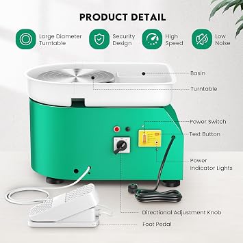 Electric Pottery Wheel, 350W & 25CM Aluminum Turntable Pottery Wheel with Removable ABS Basin, Foot Pedal and Shaping Tools, Pottery Wheel Forming Machine for DIY and Pottery Studio (Green)
