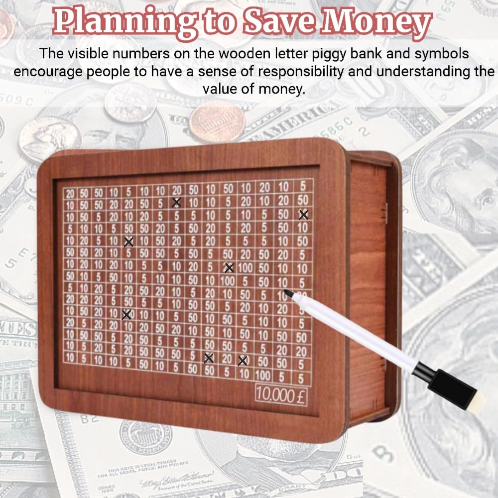 Money Saving Box,2024 New Wooden Cash Vault Piggy Bank for Adults Kids, Saver Money Box with Counter,Wooden Money Box with Money Target and Numbers, Challenges Cash Saving Box Storage Money (10000$)
