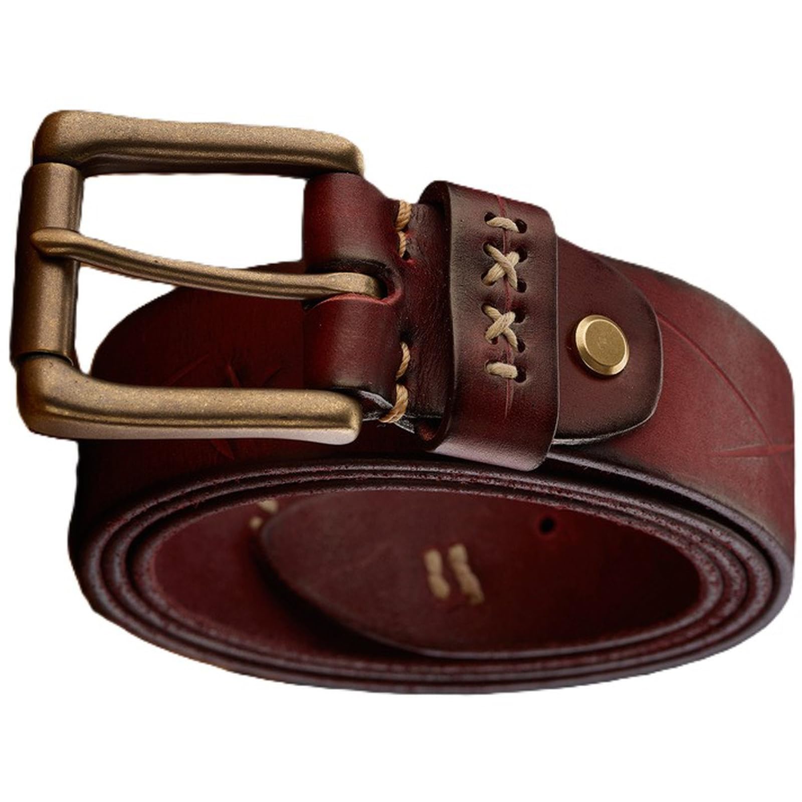 AGUTALITHIC Mens Distressed Durable Belt,Full Grain Leather Scratches Strap with Heavy Duty Vintage Solid Brass Roller Buckle(120cm/47, Reddish Brown)