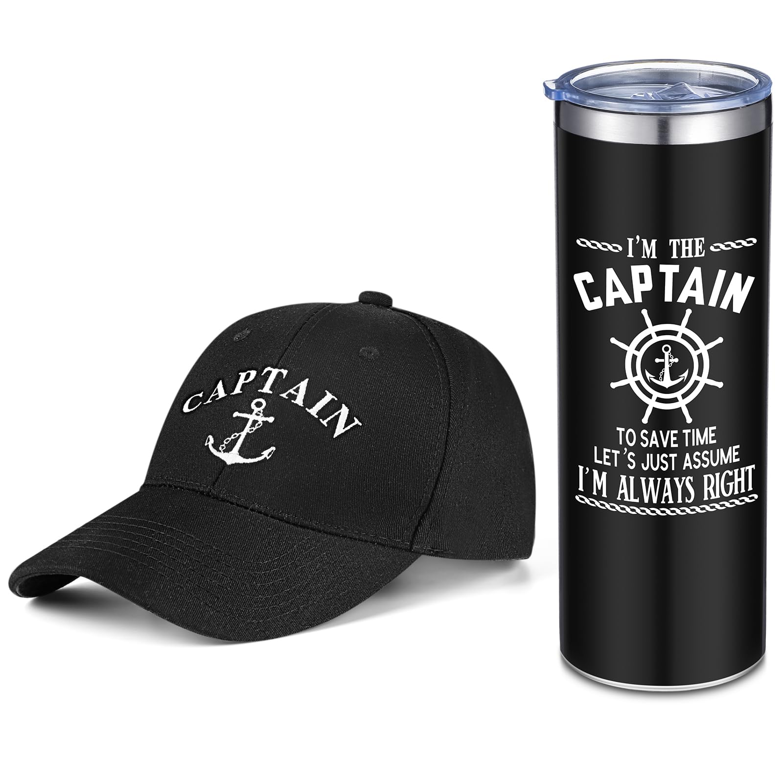 Handepo Boating Accessories Gifts for Men Boat Captain Cap I'm Captain Tumbler Boating Baseball Cap Nautical Cups Stainless Steel Coffee Mug for Father's Day christmas Summer Gifts(Black)