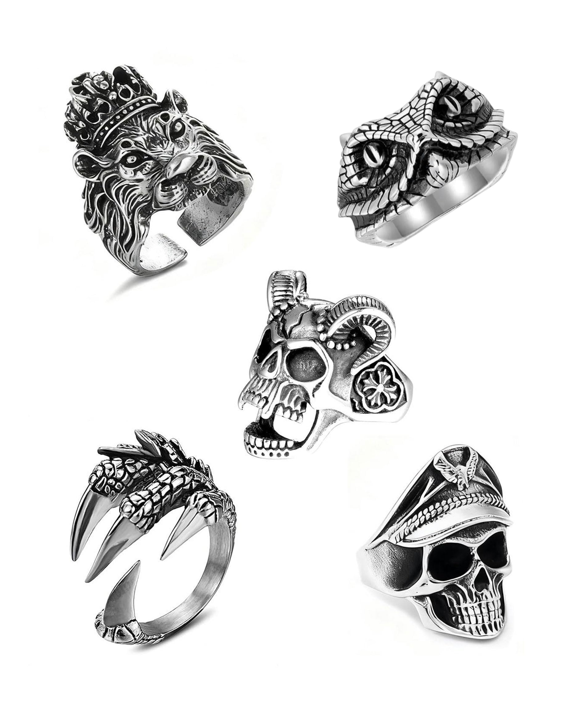 5 pezzi Anelli Uomo, Regolabili Teschio Anelli, Acciaio Inossidabile, Punk Hip Hop Skull Halloween Anello, Vintage Gotico Teschio Anello