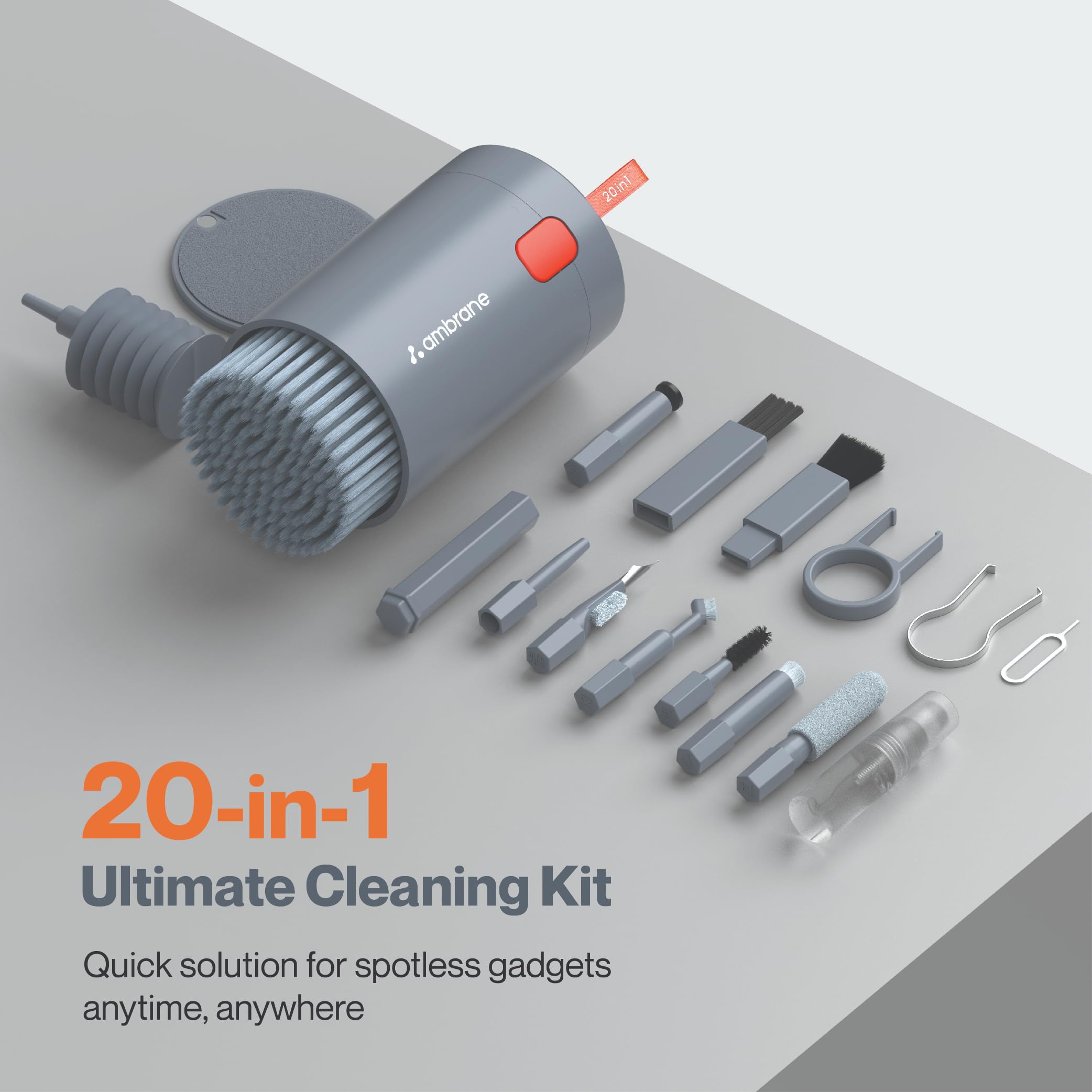 Ambrane 20-in-1 Cleaning Kit for Smartphones, Tablet, PC Computer, Laptops, Keyboards, DSLR Camera Lens, Earphones, Airpods with Screen Dust Brush, Key Puller & Spray Bottle (ACK-01, Grey) 1