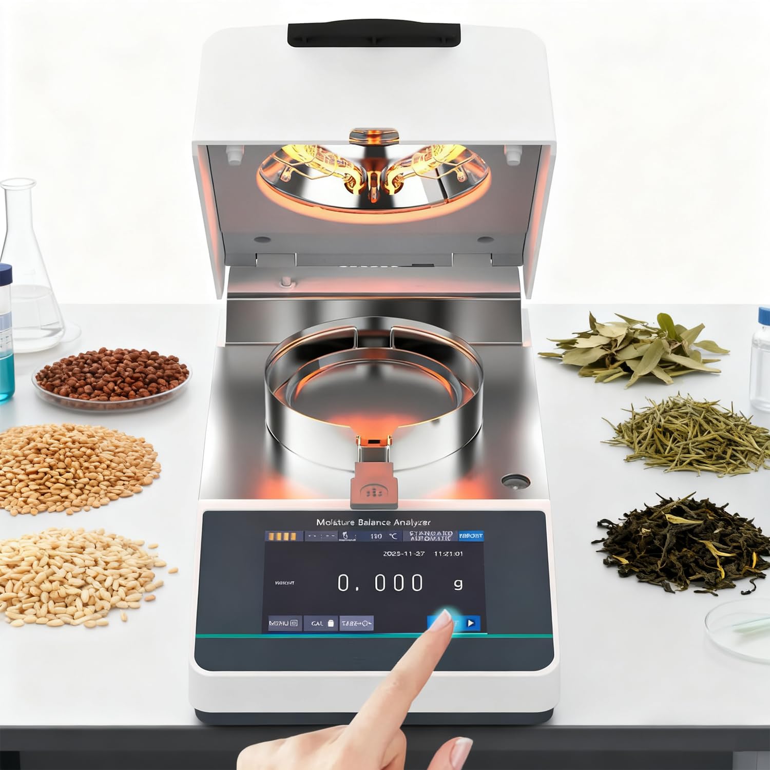 Analizador de humedad, probador automático de granos de alimentación con calefacción halógena (40-160 °C), balance de laboratorio (0-110 g), pantalla táctil, puertos RS232 para pruebas químicas