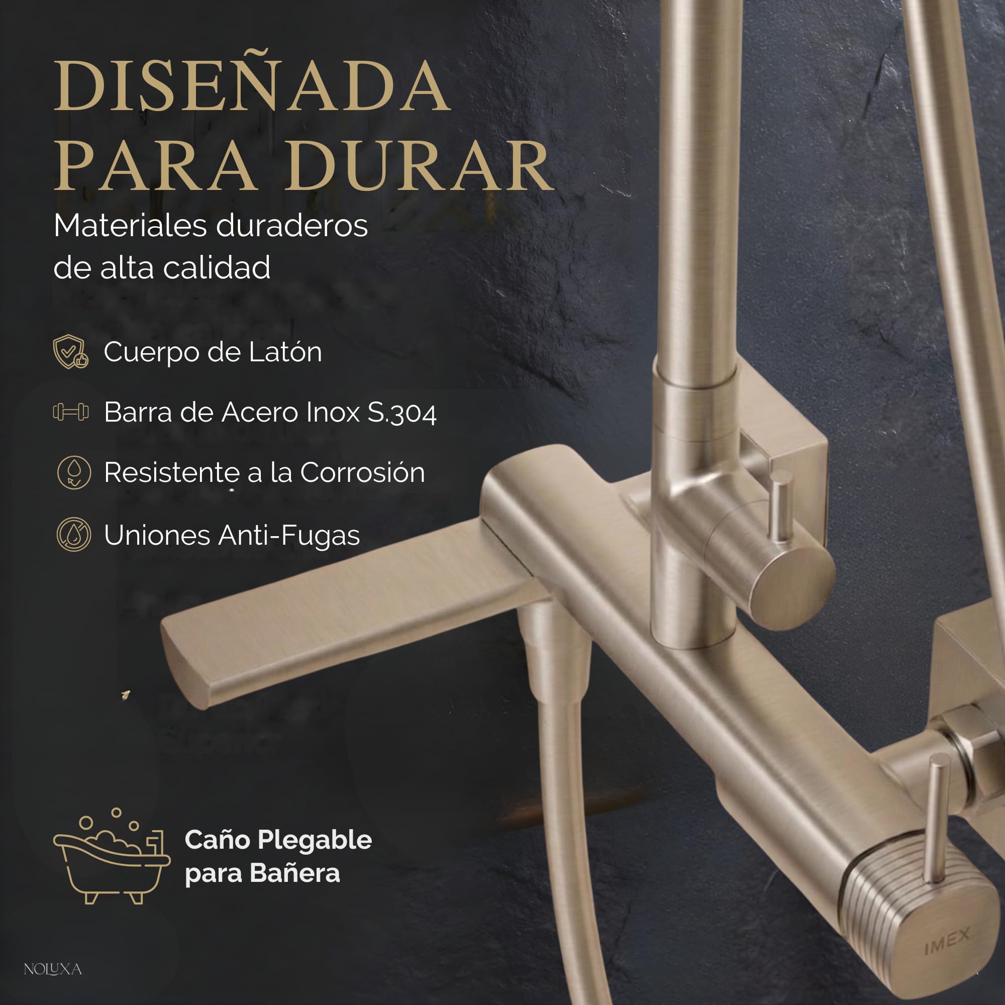 IMEX - Columna Ducha con Grifo para Bañera Níquel Cepillado | Conjunto de Bañera con Alcachofa y Rociador Antical | Griferia en Latón y Acero Inox S.304 con Barra Extensible | Serie Firenze