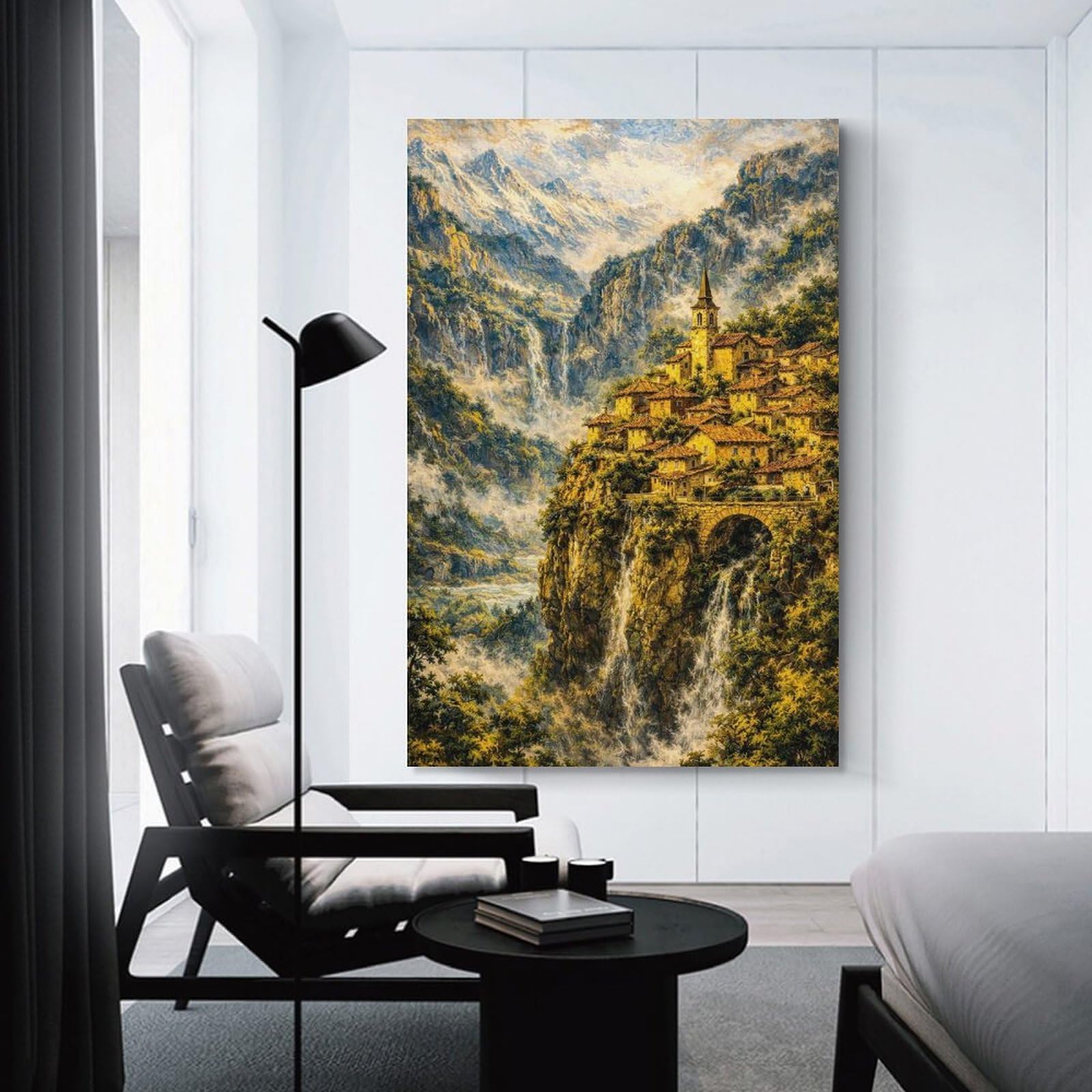 Junmoney Home Decor Wall Art Village on A Cliffside with Waterfalls, 24x36inch(60x90cm), for Flats, Guest Rooms Or Compact Rooms, Wall Decor with Flexible Room Appeal