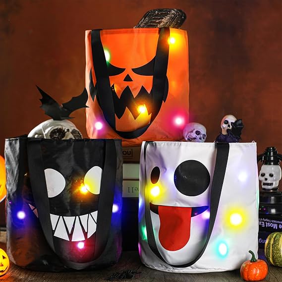 Teling 6 Pcs Halloween Trick or Treat Bucket Light up Pumpkin Candy Bags LED Halloween Treating Baskets Reusable Goody Gift Tote Bag for Birthday Party Favor Supplies(10.4 x 9.8 Inch,Smile Face)