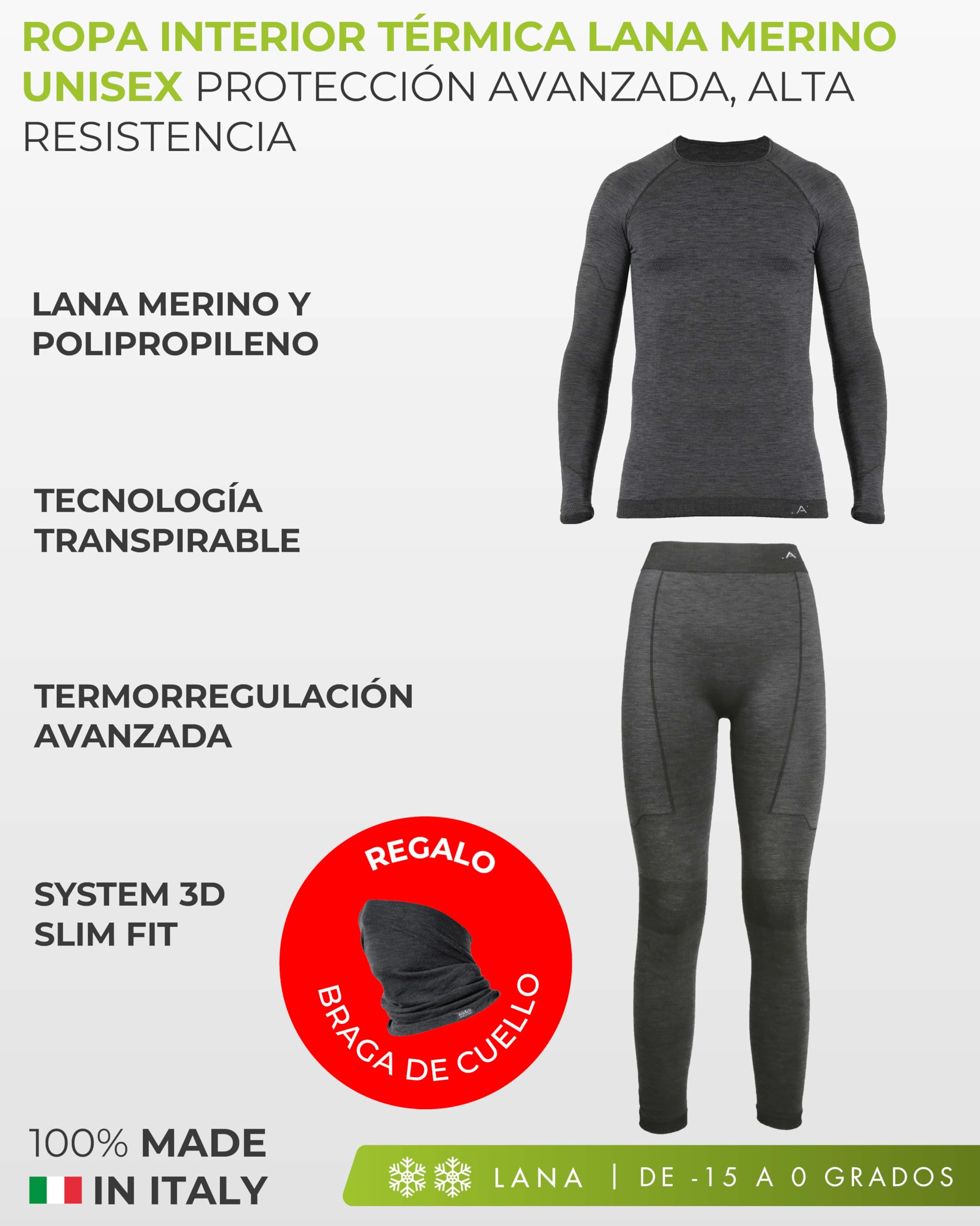 Risalti Ropa Termica Hombre Mujer Lana Merino – Conjunto Térmico Camiseta y Mallas Unisex con Cuello De Regalo, Ropa Interior Térmica Seamless Transpirable y Termorreguladora – Made in Italy