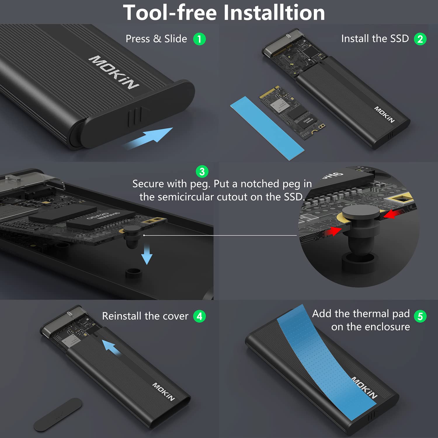 MOKiN M.2 NVME SATA SSD Enclosure Adapter Tool-Free, RTL9210B Chips ...