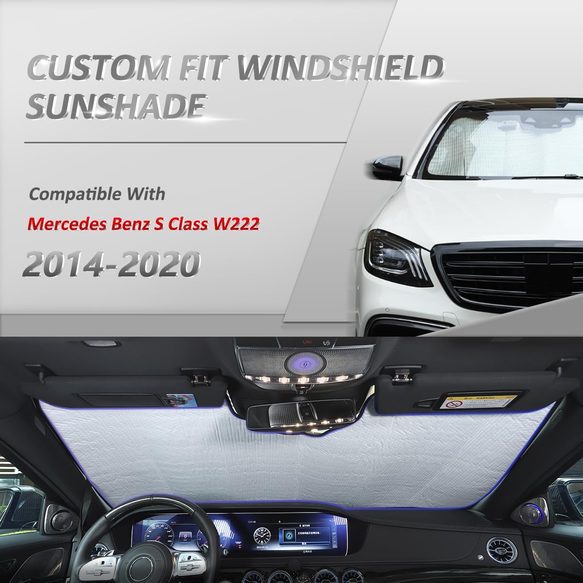 Car Windshield Sunshade Custom Fit for Mercedes Benz S Class 2008-2020 Foldable Sun Shield Reflective Polyester Sun Visor Cover Block Heat and Sun Protection Accessories (for W222 2014-2020)