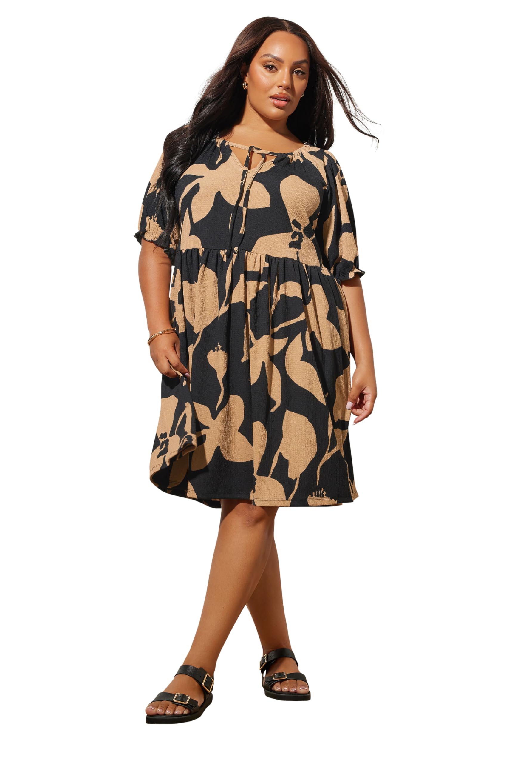 Yours Women's Floral Tie Neck Mini Dress in Black | Size: 22-24