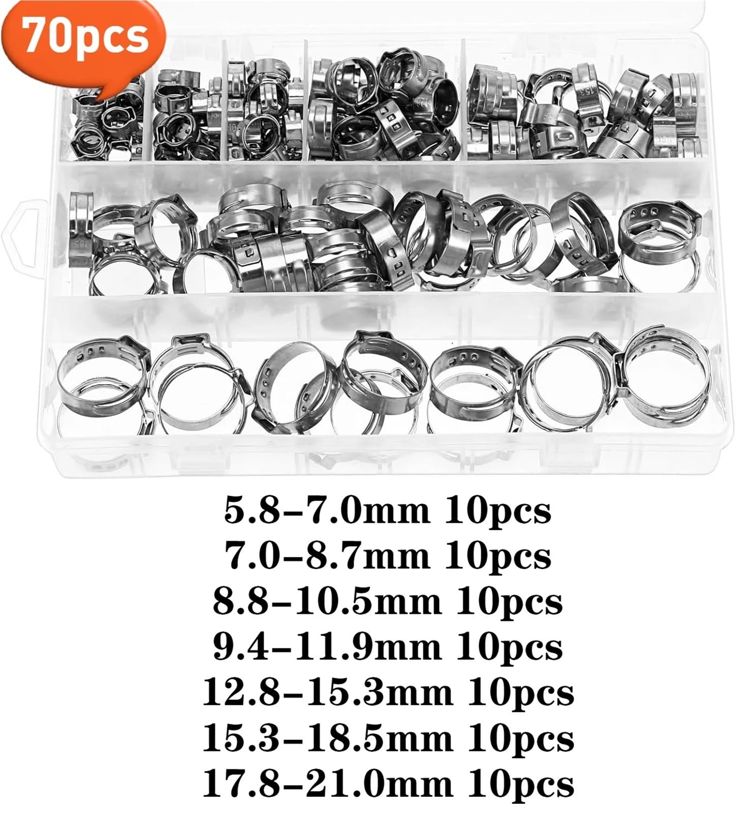 Schlauchschellen, 70 Stück, 5,8–21 mm, 304 Edelstahl, einohrig, Schlauchschellen, Quetschklemmen-Sortiment, Kit zur Sicherung von Rohrschläuchen zur Herstellung von auslaufsicheren Dichtungen für
