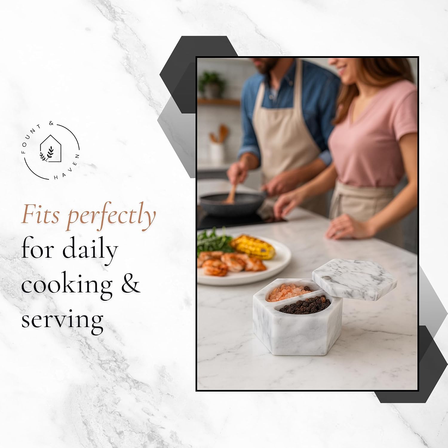 Fount & Haven Marble Salt and Pepper Pinch Pots Durable Marble Salt Container for Countertop, Cooking, and Serving Perfect for Herbs, Spices, Gourmet Salts, and Seasonings in Open Pinch Bowls