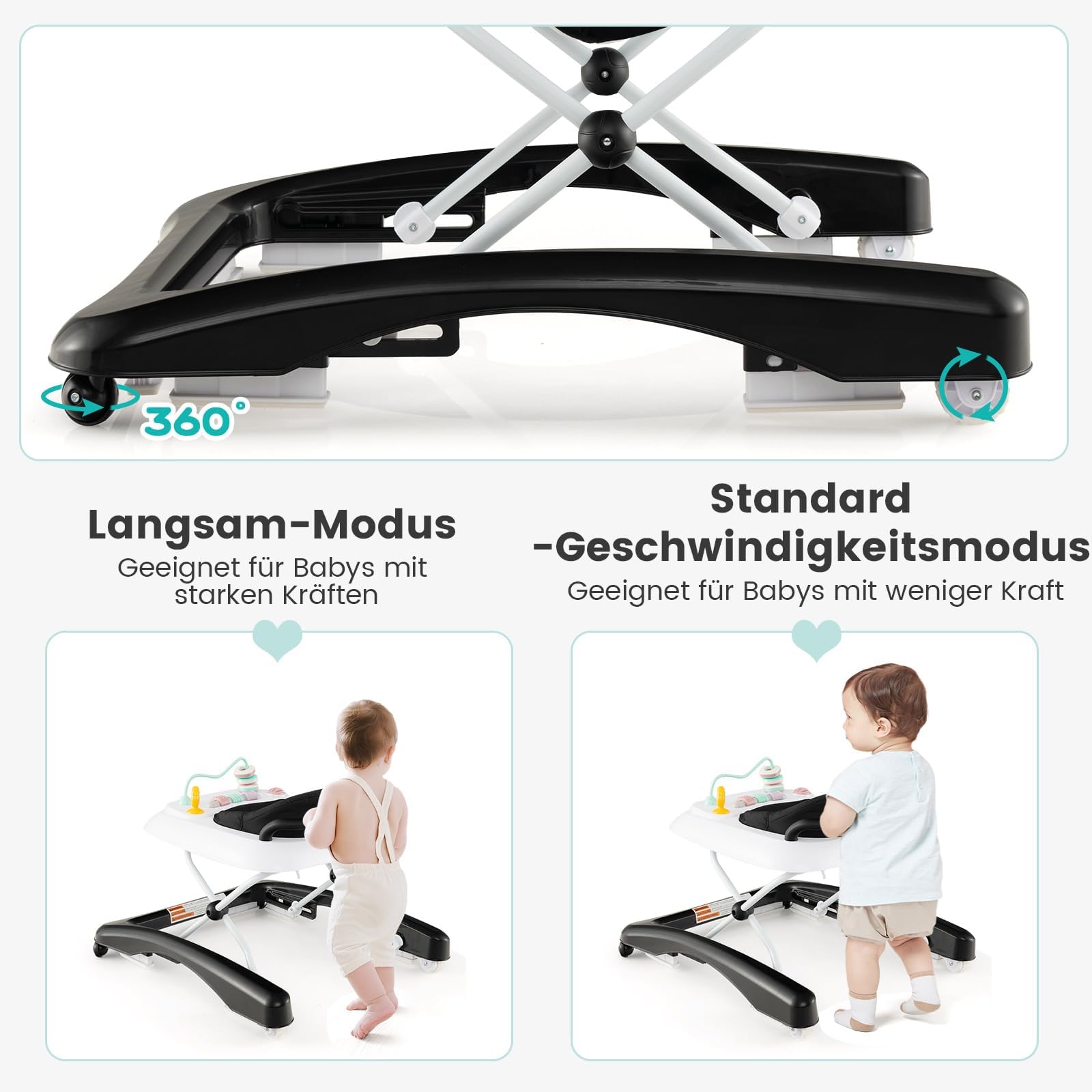 COSTWAY 3 in 1 Lauflernhilfe klappbar, Lauflernwagen mit verstellbarer Höhen & Geschwindigkeit, Baby Walker mit abnehmbarer Spielplatte, Laufwagen gehfrei Baby ab 6 Monaten (Schwarz)