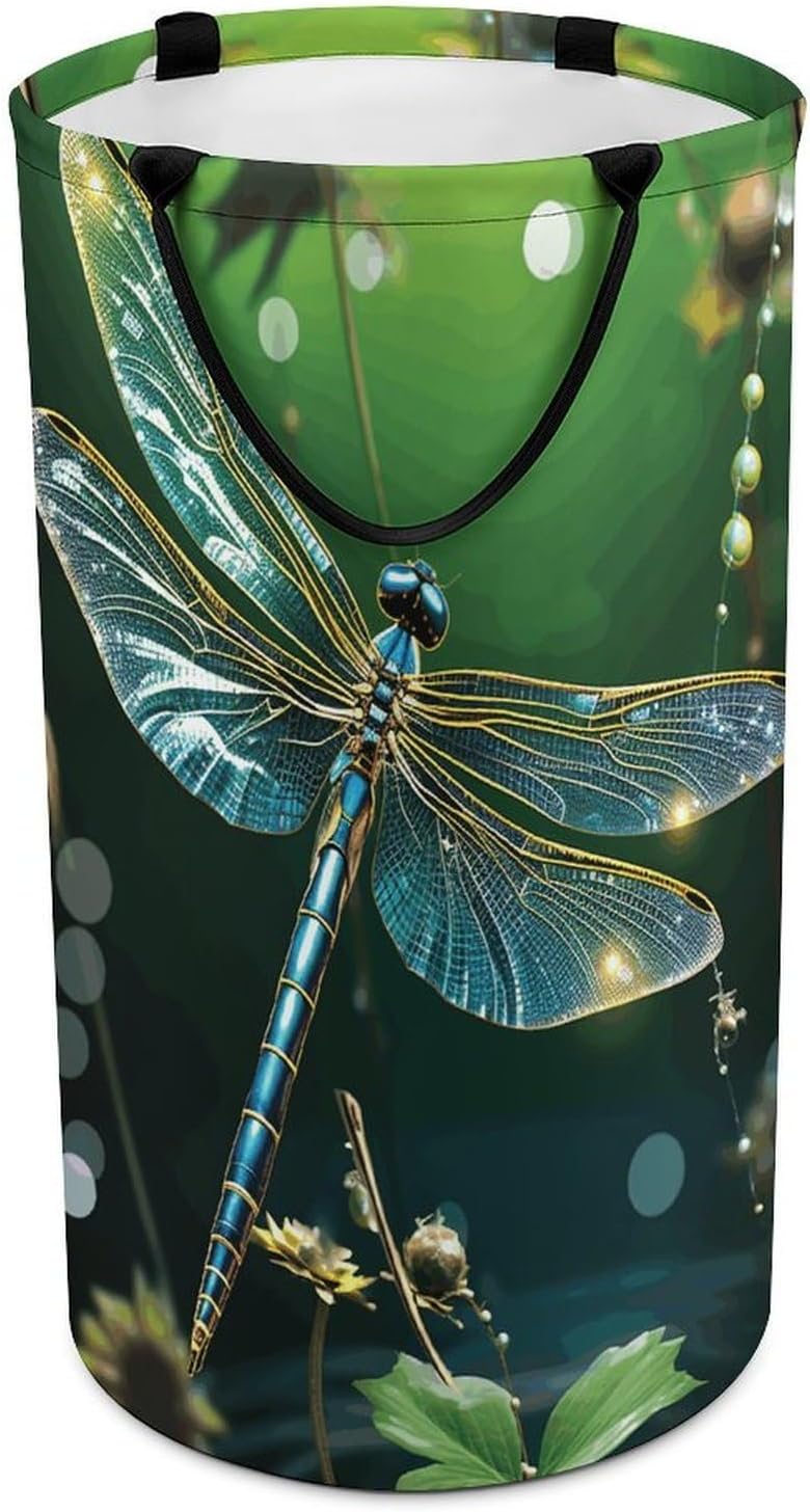 Dragonfly Green Laundry Hamper with Handles Waterproof Collapsible Laundry Basket Large Lightweight Round Dirty Clothes Hamper for Home Dorm Bathroom Decor