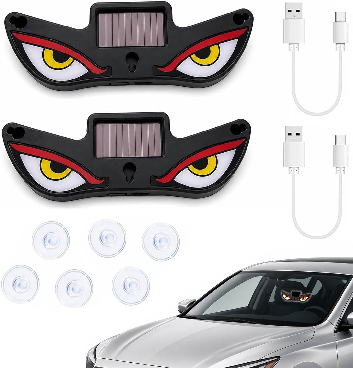 Solar Demon Eye LED Car Window Warning Light, USB-C Rechargeable, 2 PCS