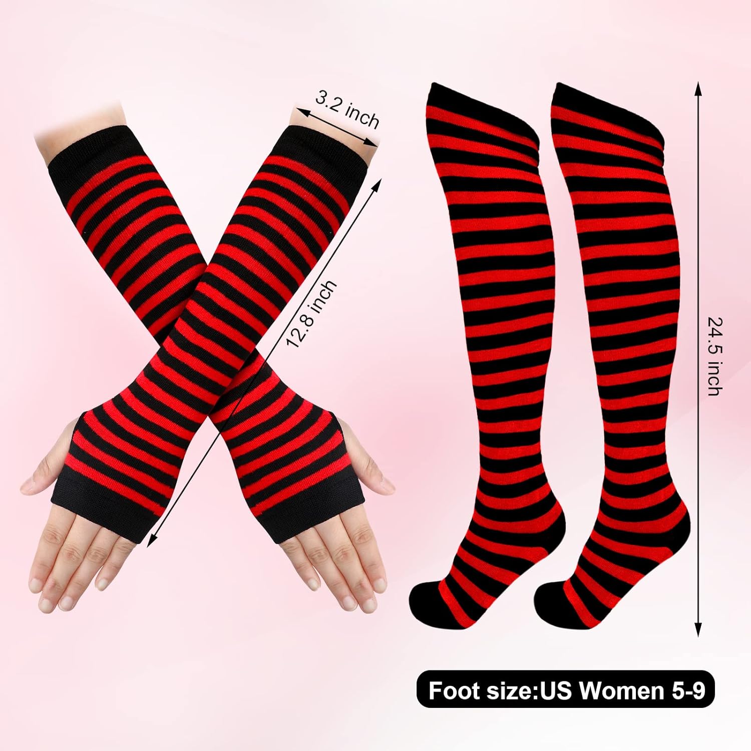 SATINIOR 4 Pairs Women's Striped Arm Warmer Long Striped Socks Knit Fingerless Gloves Set Winter Costume (Black-White, Black-Red) - Image 3