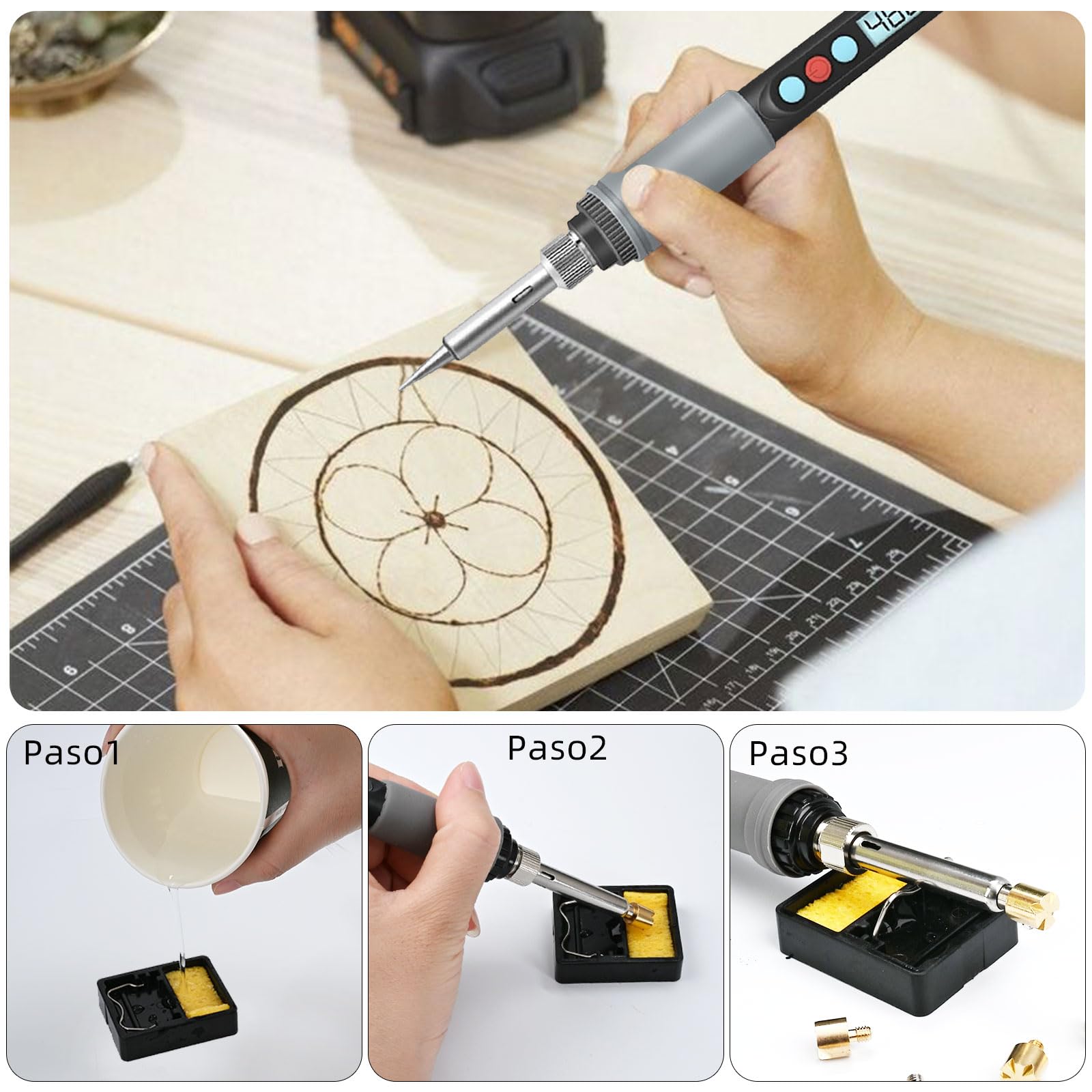 HANDSKIT 50pcs Kit Pirograbador de Madera,Kit Pirograbádores Electrico 90W LCD Pantalla Temperatura Regulable 180℃-480℃,Soldador Pirografo Profesional para Madera,Grabado,Soldadura,Cuero