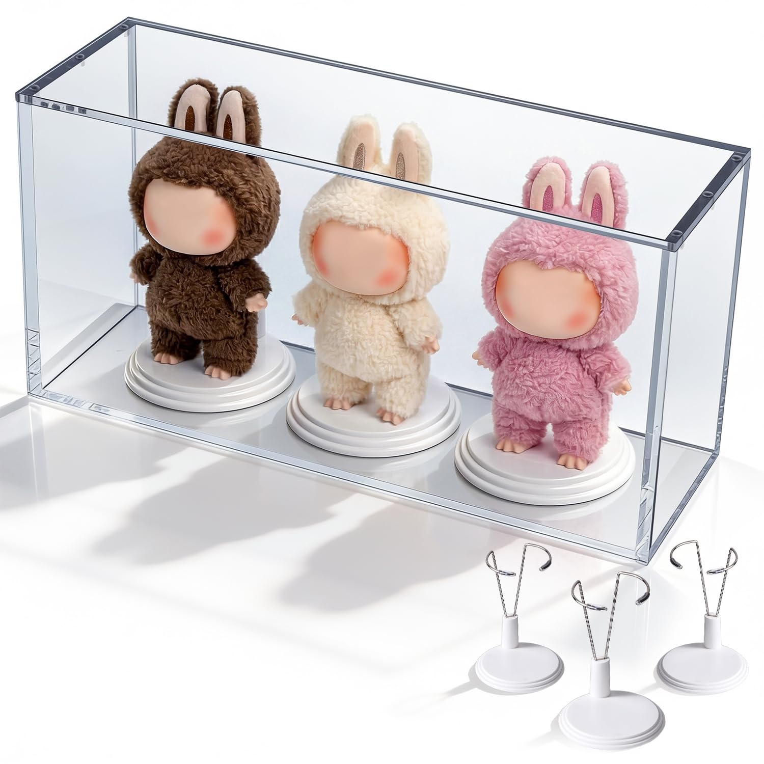 Mcbazel Caja de acrílico de Alta Transparencia Compatible con LABUBU, Vitrina magnética Protectora para Pop Mart, soporta 3 muñecas, con Soporte para muñecas – 35 cm × 11 cm × 17,5 cm (Grosor 8+5