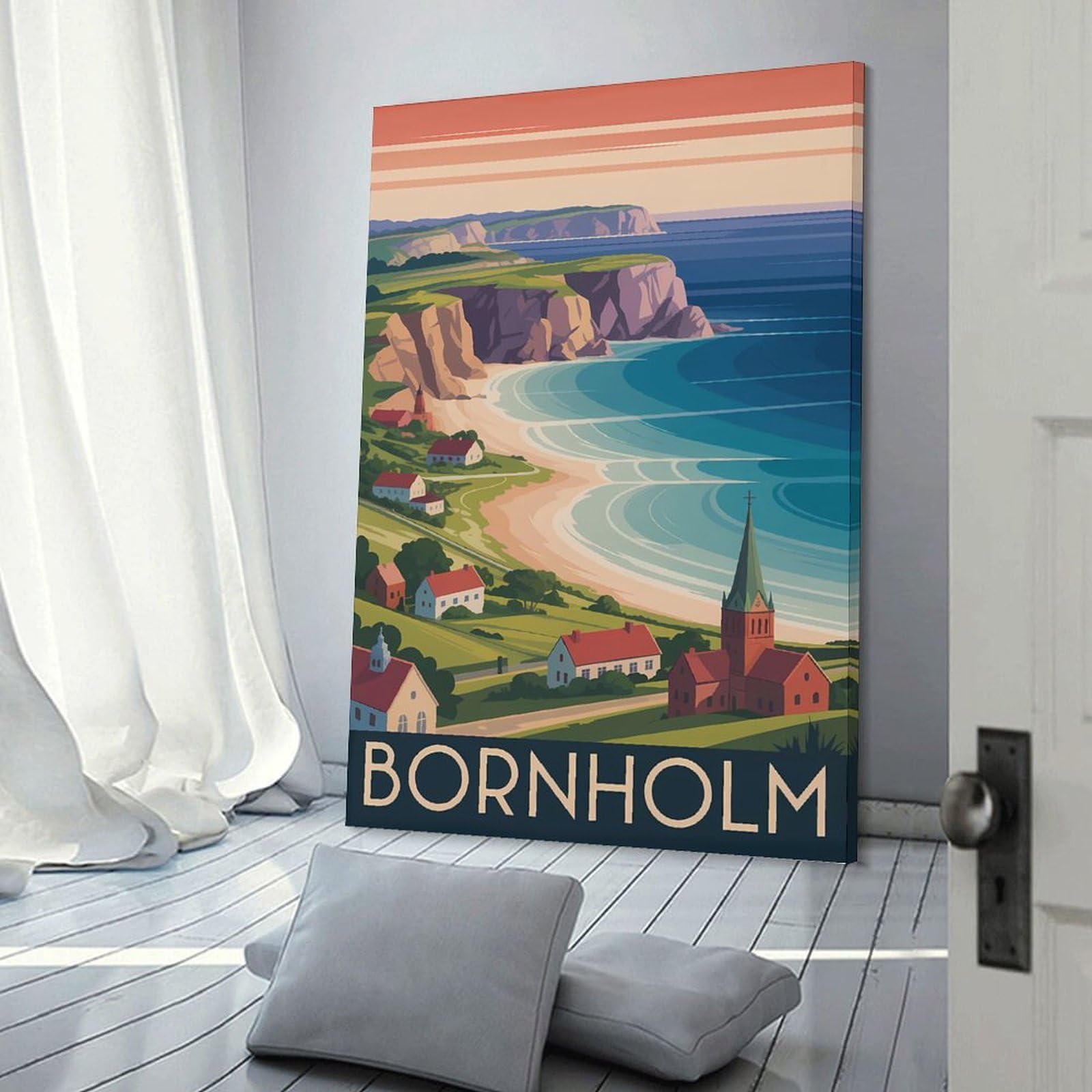 Junmoney Frame-Style-2 Bornholm Coastal Village Illustration Wall Decor Canvas Print, 20X30inch(50X75cm), For Home Lounge, Bedroom Or Reading Nook, Decorative Artwork For Empty Walls