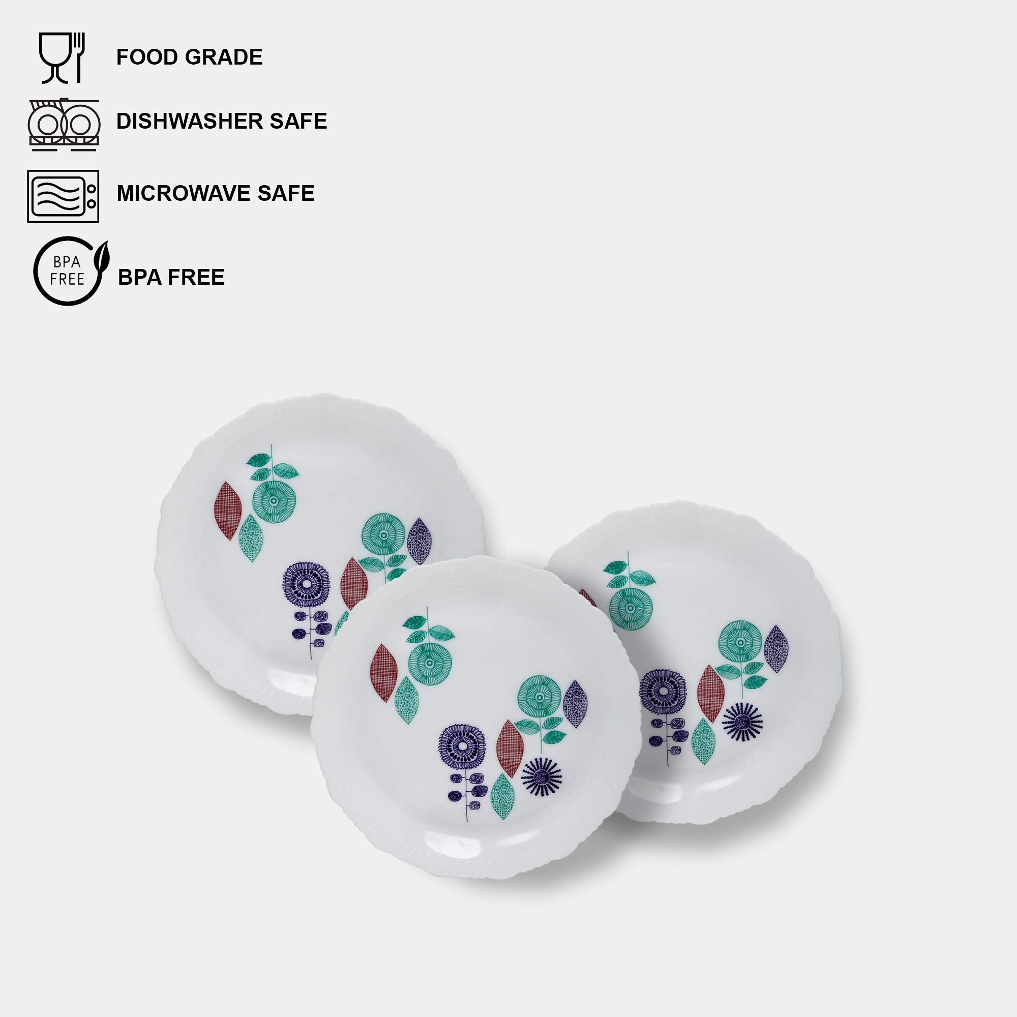 Cutting EDGE Round Serrated Edges Dinner Plates with Floral Printed Design for Families, Parties, Unbreakable, Kid Friendly, Microwave Safe, Dishwasher Safe, Big, Green (Set of 3)