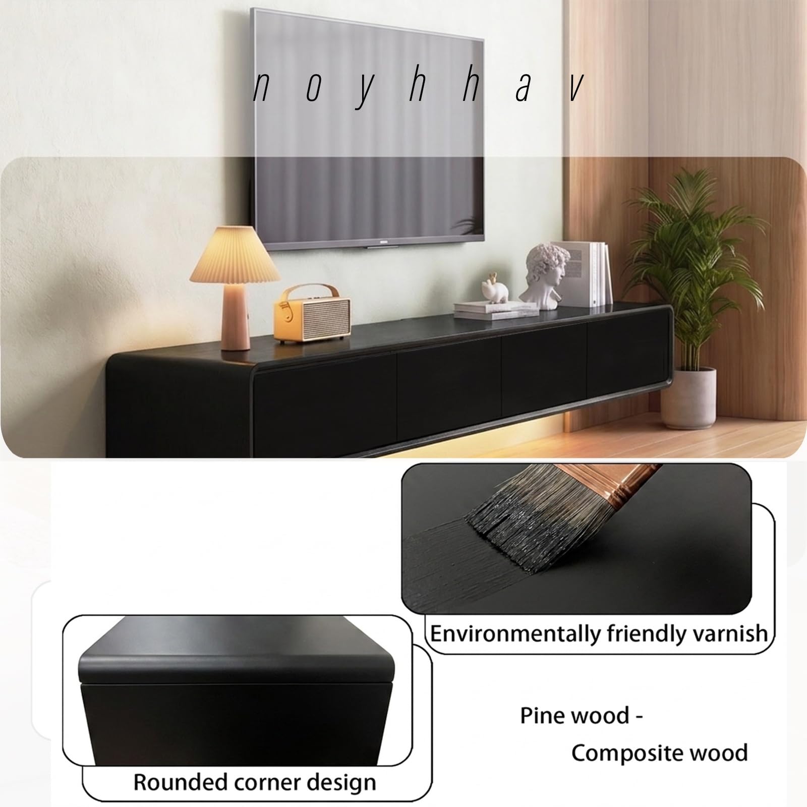 Mueble de TV de Madera Maciza,Mueble de TV Flotante, Mueble Bajo de Pared para TV, Adecuado para el Salón y el Dormitorio,Negro 140CM-LED