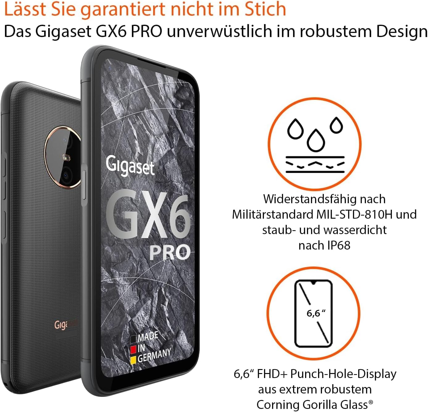 Gigaset GX6 PRO Business-Smartphone 5G - staub- & wasserdicht IP68, Militärnorm - 6,6" FHD+ Display mit Gorilla Glass - 128GB+8GB RAM - 50MP Kamera - 400 std Standby - Android 14 fähig, Titanium Black