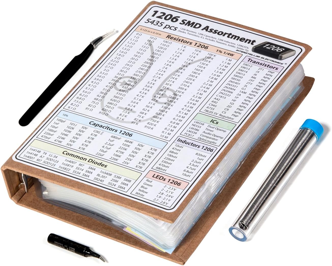 SMD 1206 Resistors, Capacitors, Transistors and Electronic Components Assortment Kit SMT Book - 5435 pcs