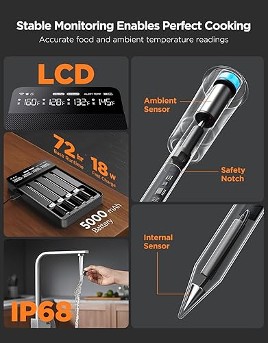 Miniatura 3 de GoveeLife Termómetro inalámbrico Bluetooth para carne con 4 sondas, alcance WiFi ilimitado, precisión de ±1.8℉, termómetro digital de alimentos para