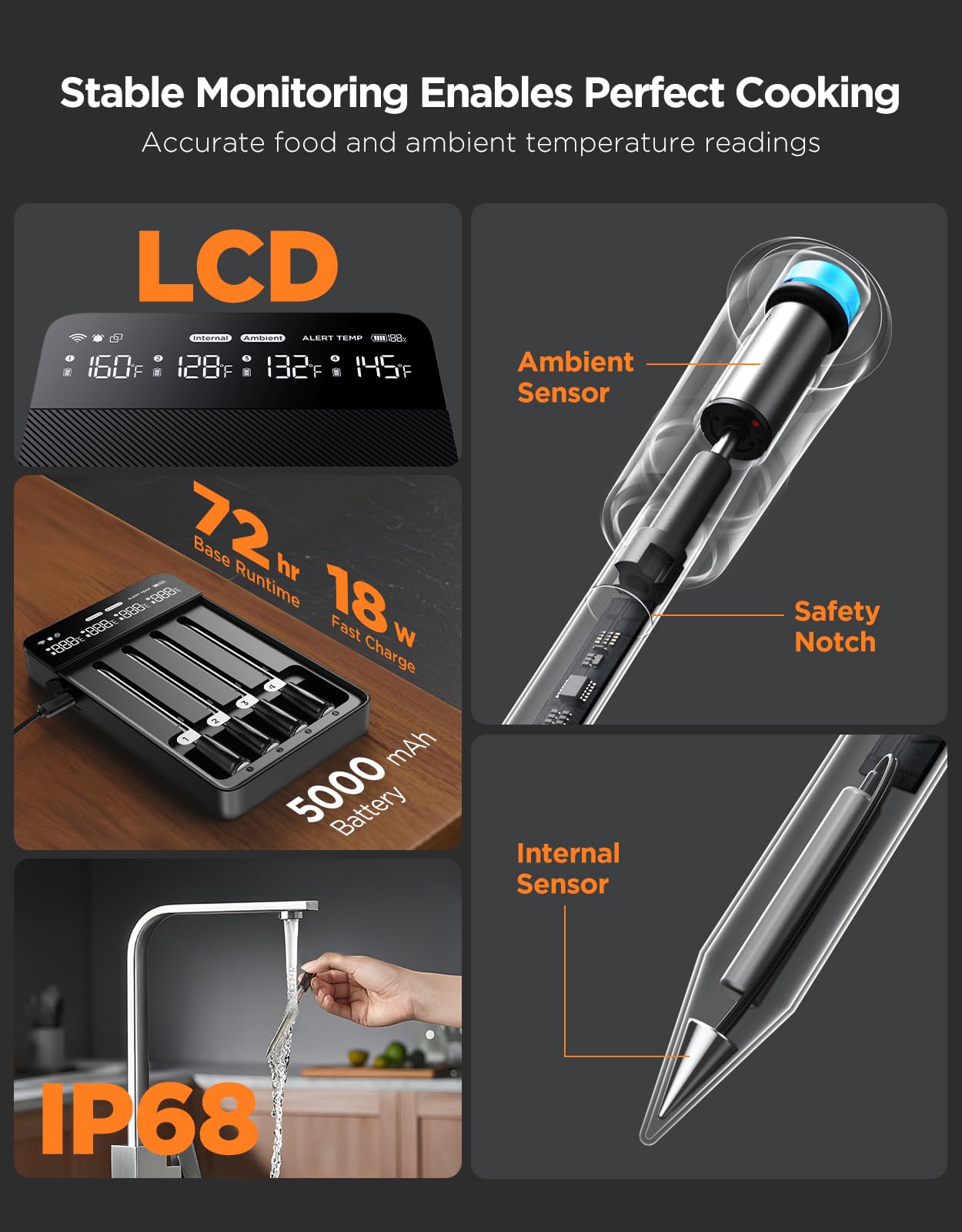 GoveeLife Smart Wireless Meat Thermometer Digital 4 Probes with App Alarm | Stable Bluetooth WiFi Transmission, IP68 Waterproof, Standalone Charge Magnetic Base, Grill Thermometer for BBQ, Smoker, Oven