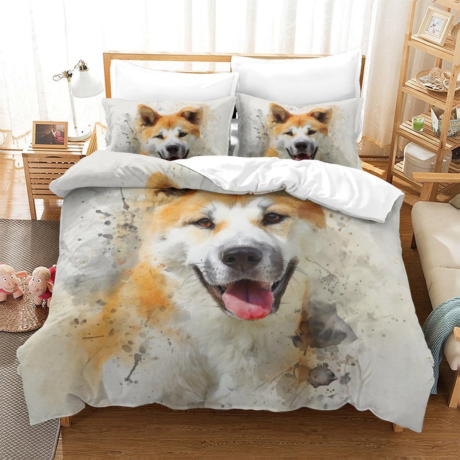 Housse de couette Akita Inu parure de lit chien 135x200 single avec fermeture éclair