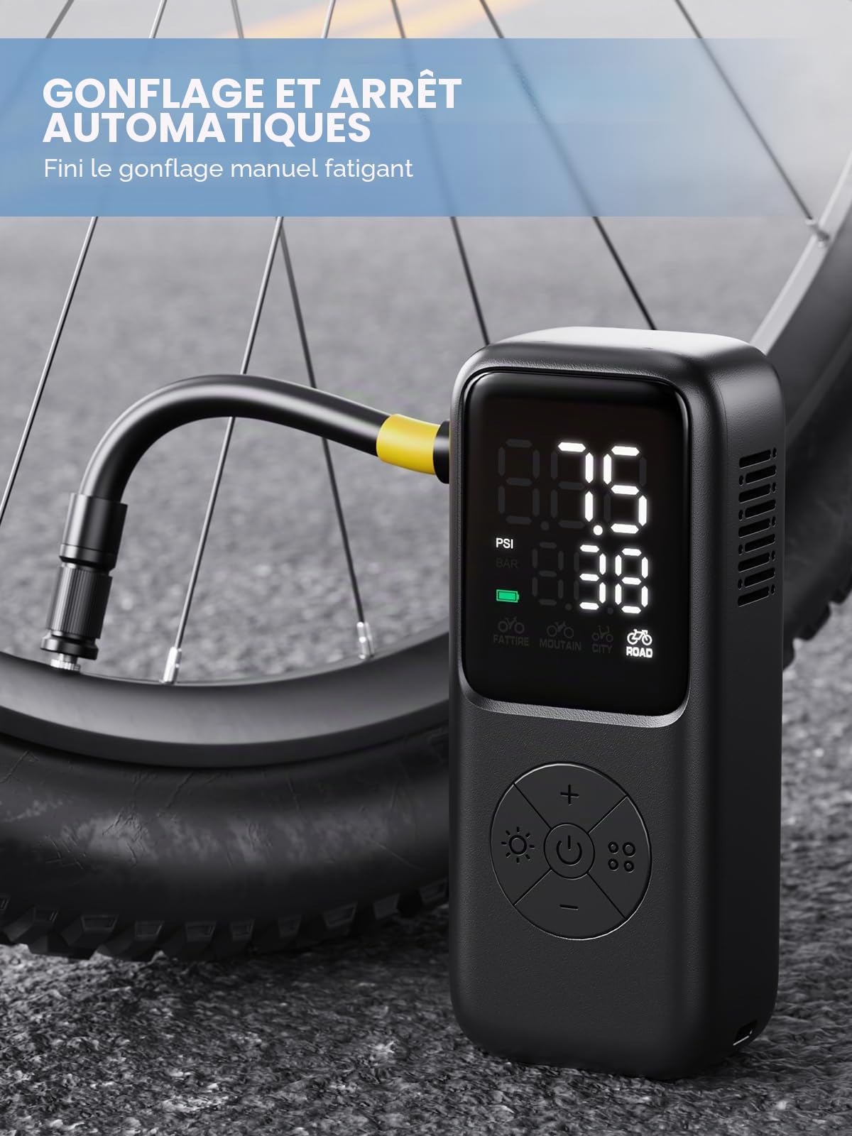 GPUTEK Mini Pompe à vélo électrique, 120 PSI avec jauge et 5 Modes préréglés pour Les valves Schrader et Presta, pour la Route, la Montagne, Le vélo de Ville et Les Gros pneus