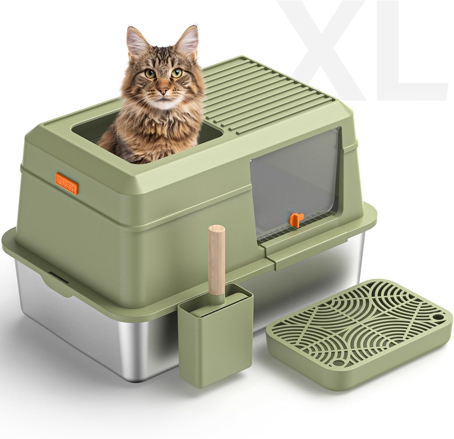 HTii-ë® Stainless Steel Cat Litter Box, Extra Large Litter Box for Cats, Enclosed Metal Kitty Litter Box with Litter Scooper, Odor-Urine-Proof, Non-Sticky, Easy Rinse Cleaning (Green, X-Large) X-Large Green