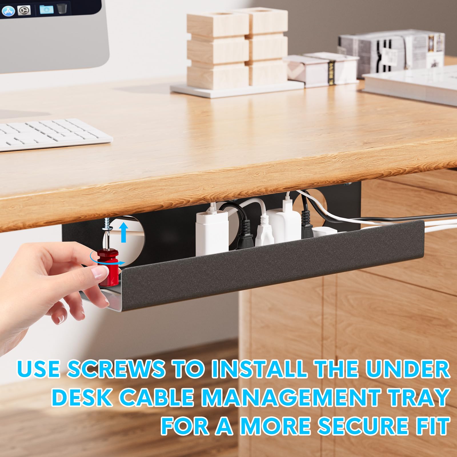 Bandeja autoadhesiva de gestión de cables debajo del escritorio, 2 unidades, organizador de cables de acero para debajo del escritorio, organizador de regletas de alimentación, sin taladro,