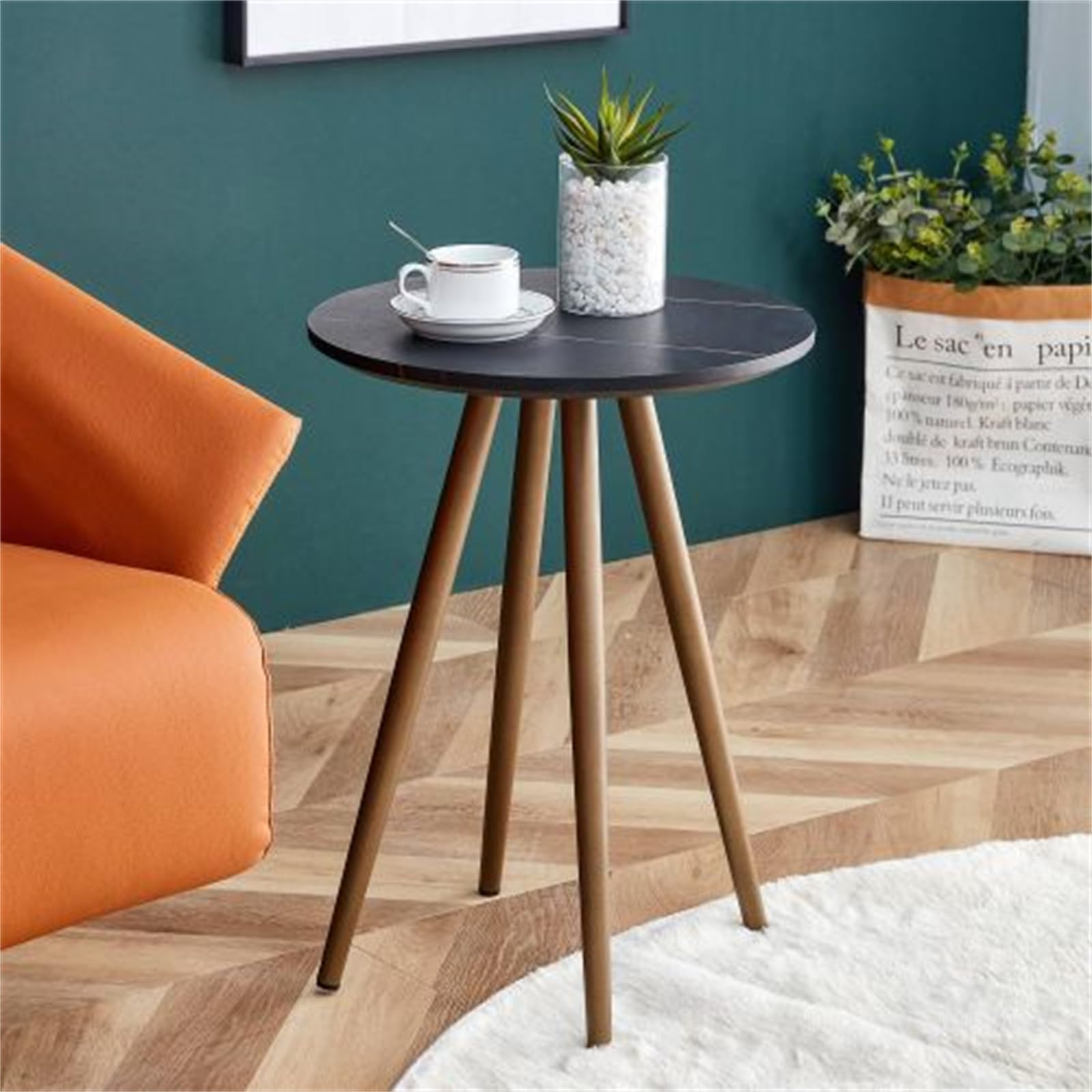 Modern Minimalism Black Faux Marble Coffee Table with Dark Gold Metal Legs End Table Bedside Cabinet for Living