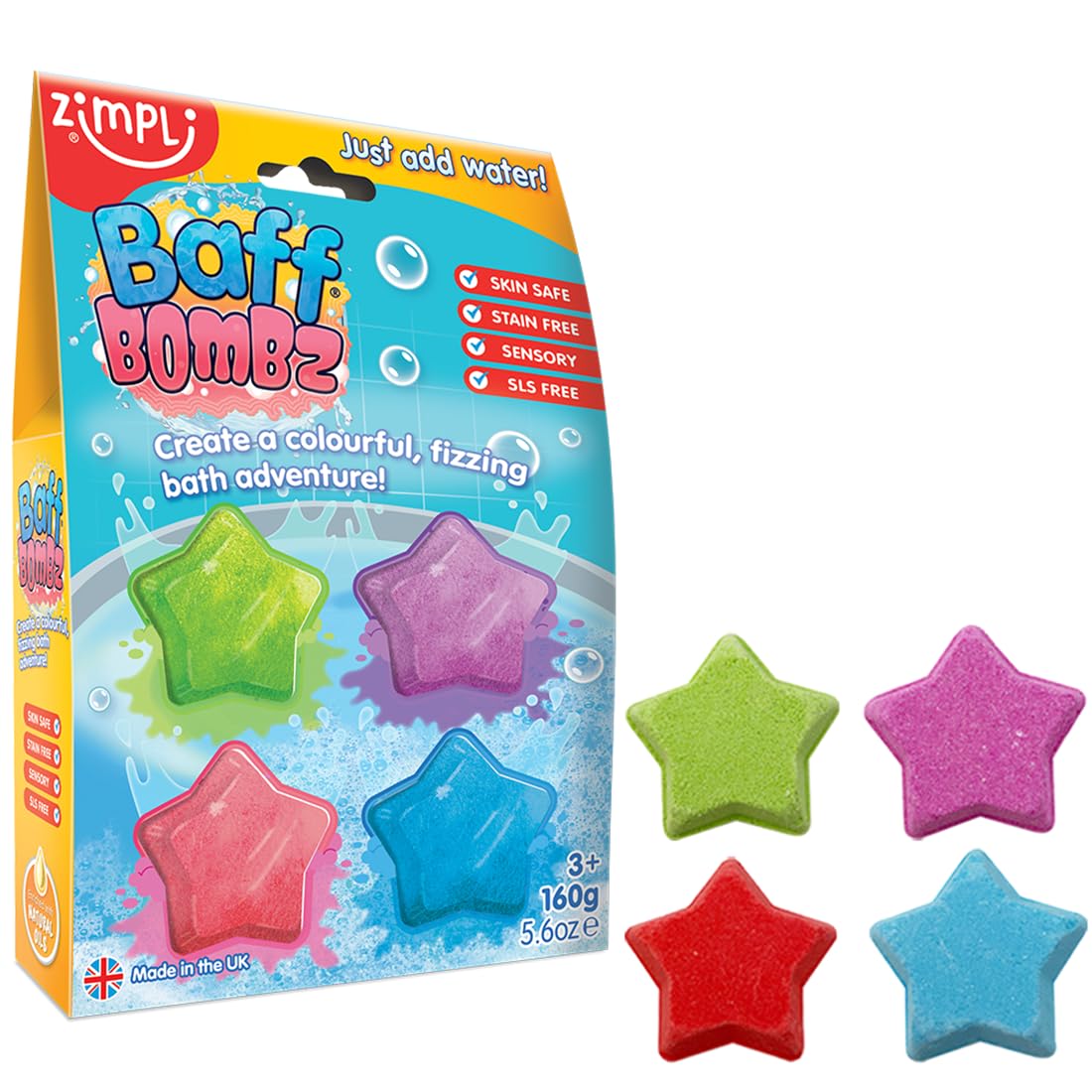 ZIMPLI - 4 x Star Baff Bombz, Create a colourful, fizzing, bathtime adventure, Bath Bomb Fizzies, Bath Toy, Christmas Stocking Fillers